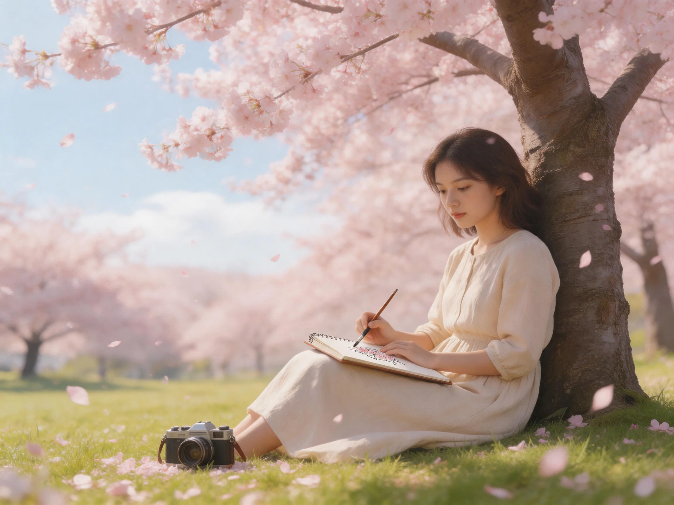 A woman in a cream dress sketches beneath pink cherry blossom trees