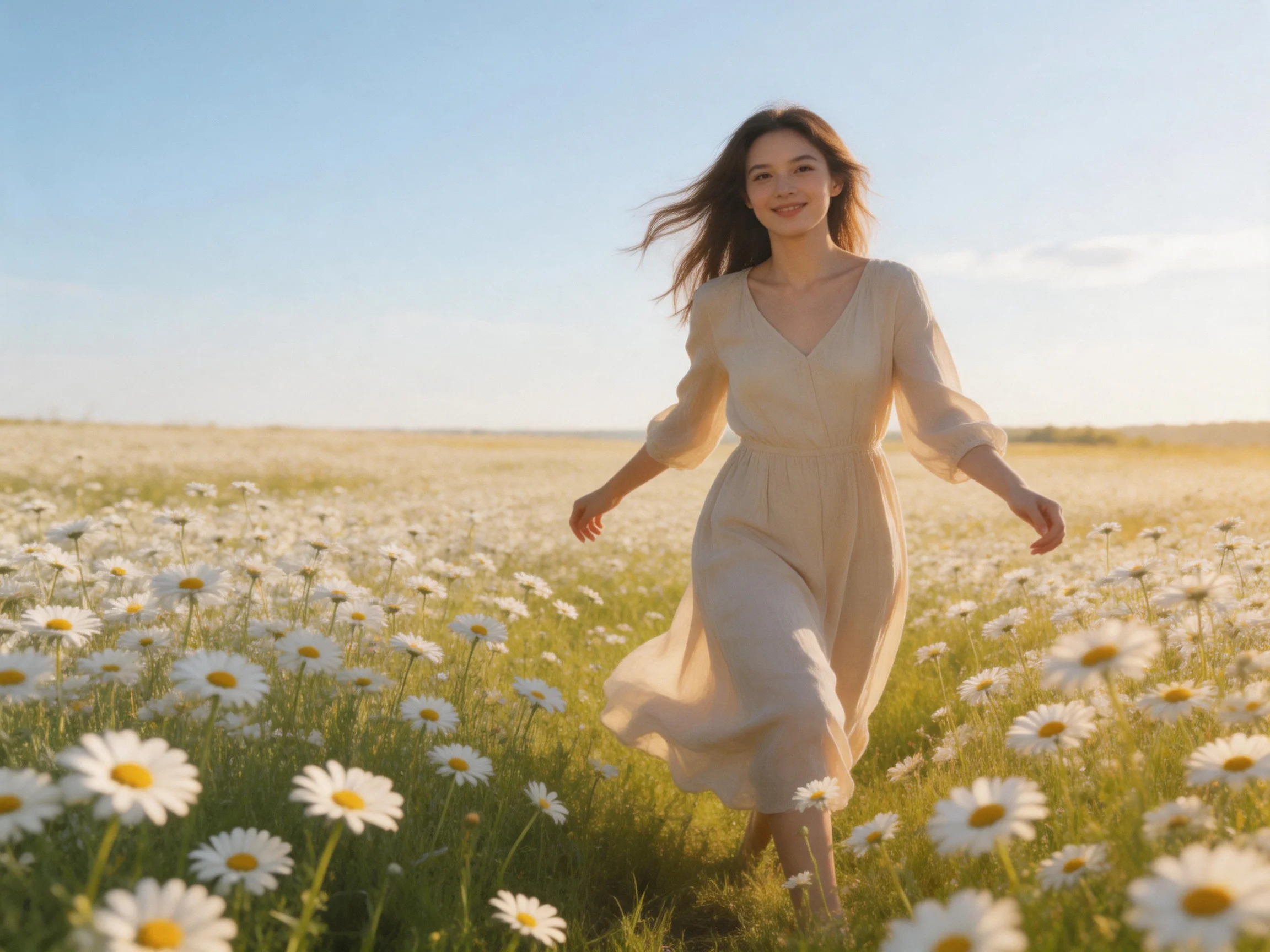 A woman in a cream dress walking through a vast daisy field