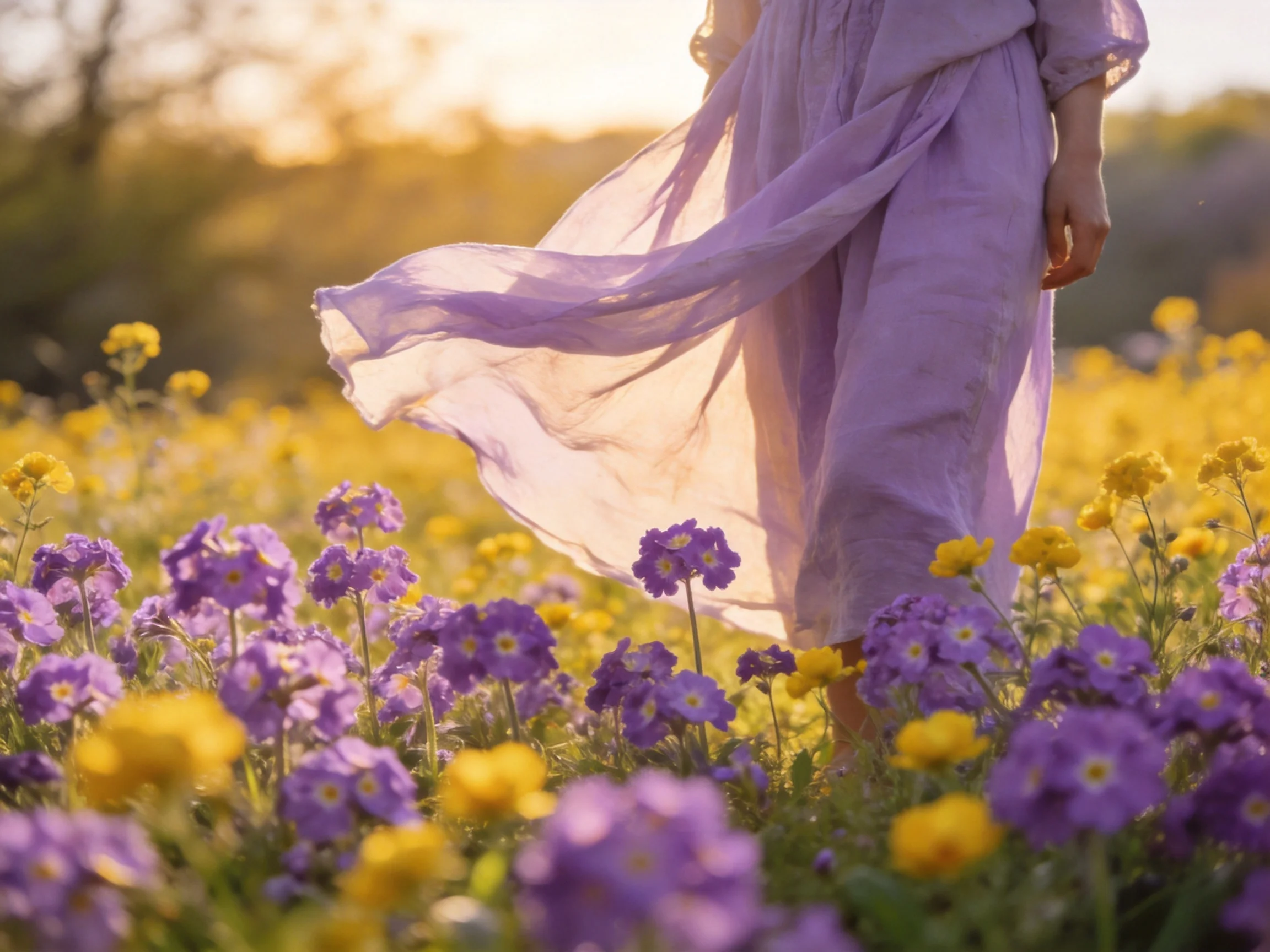 A woman in a flowing lavender dress amid a sunlit field of yellow and purple flowers