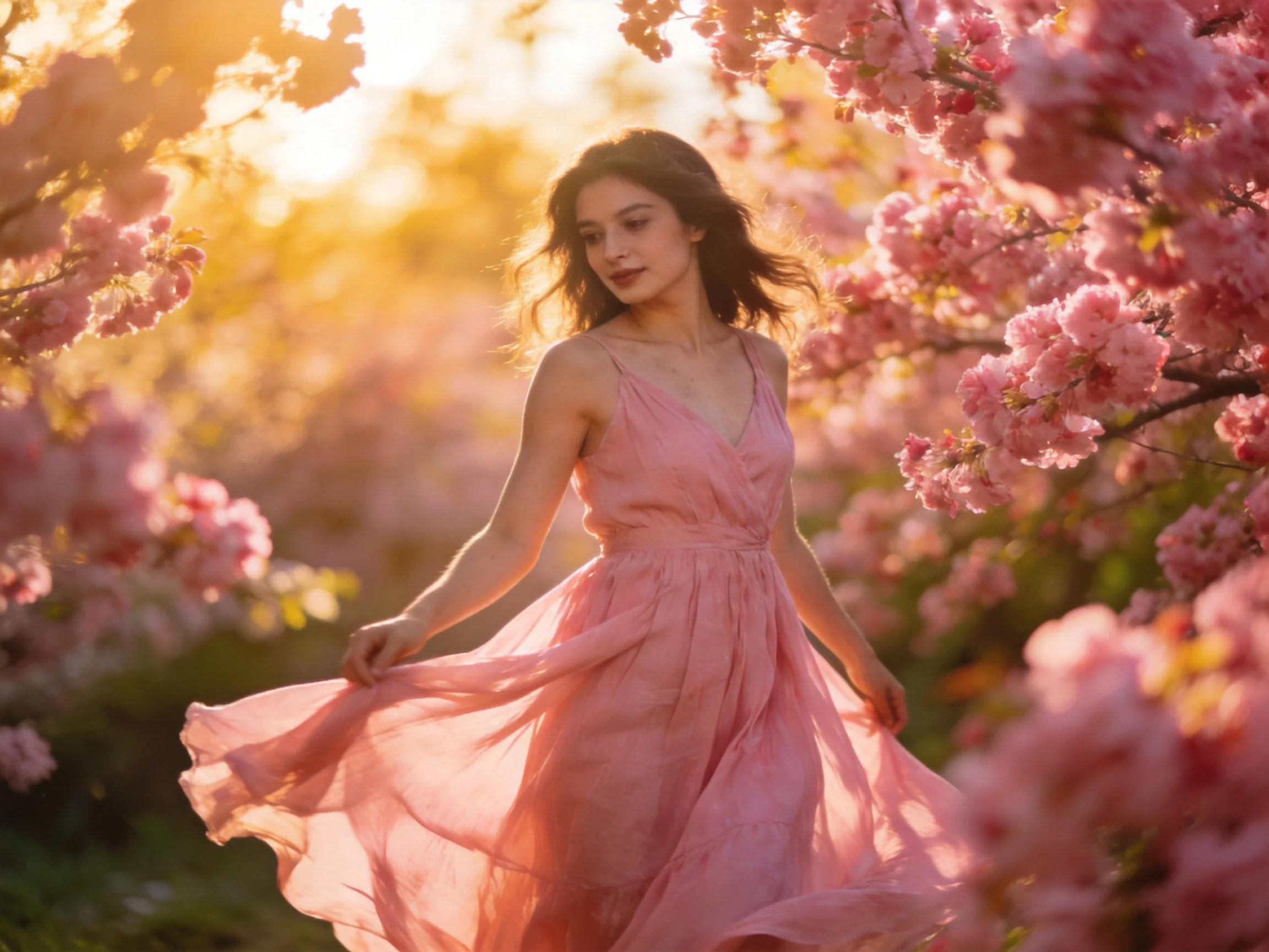 A woman in a flowing pink dress amid cherry blossom trees