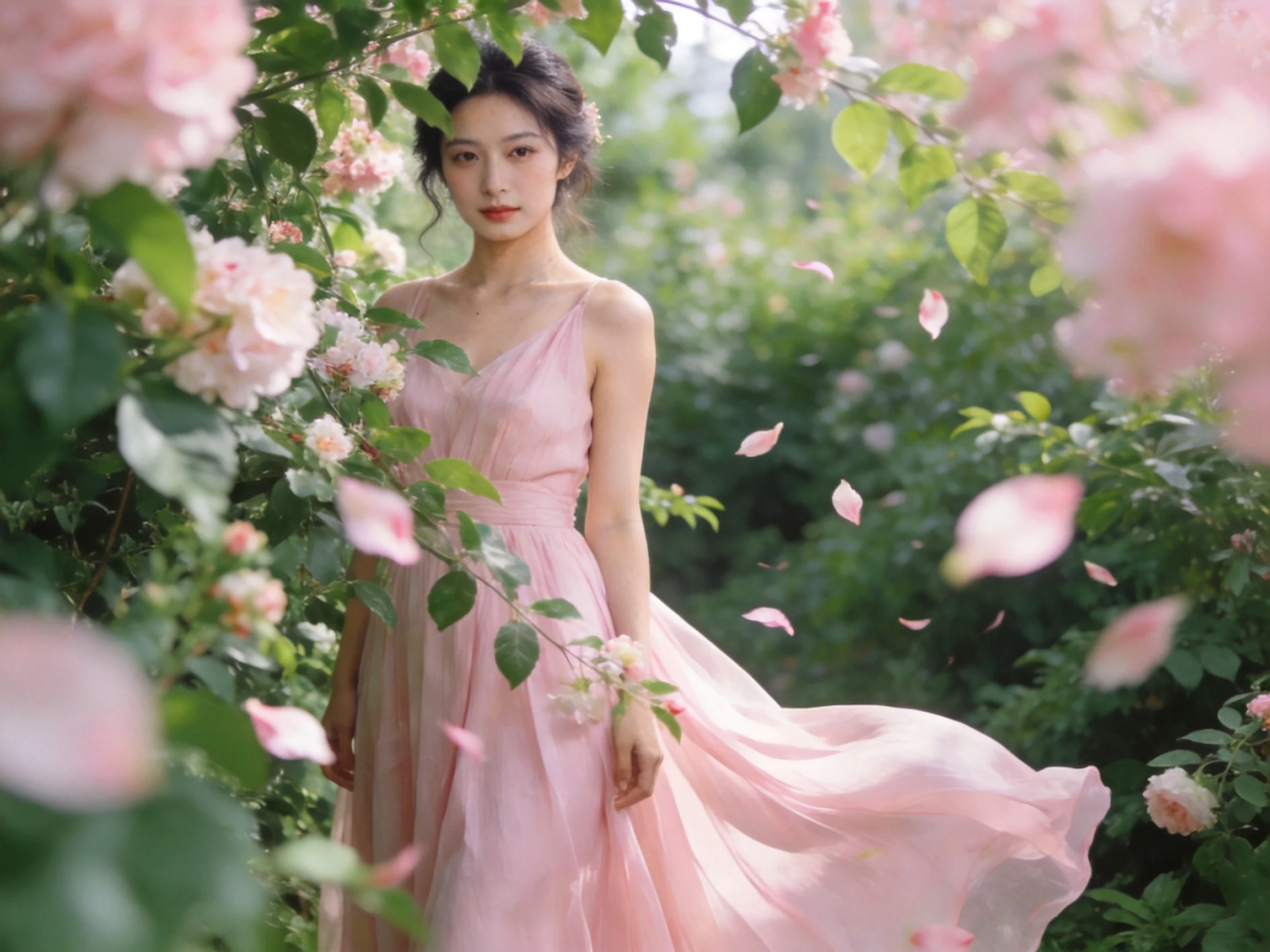 A woman in a flowing pink gown amidst blooming rose bushes
