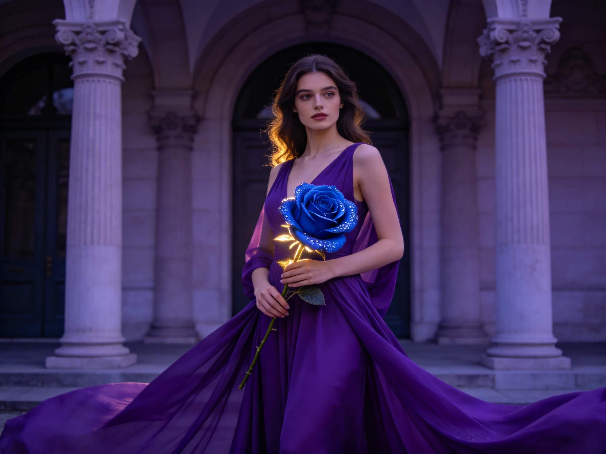 A woman in a flowing purple gown holds a glowing blue rose near stone arches