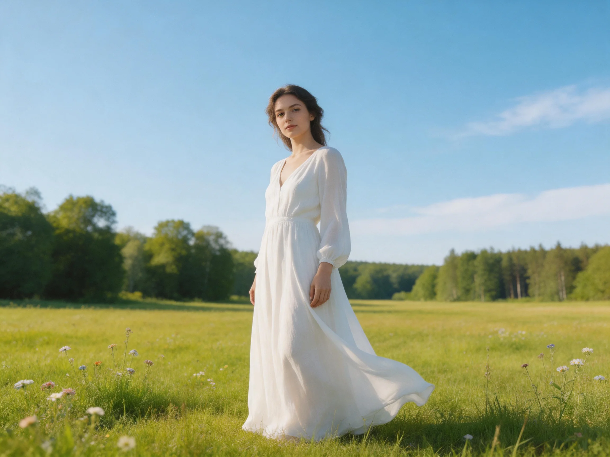 A woman in a long white dress stands in a sunny green meadow with trees