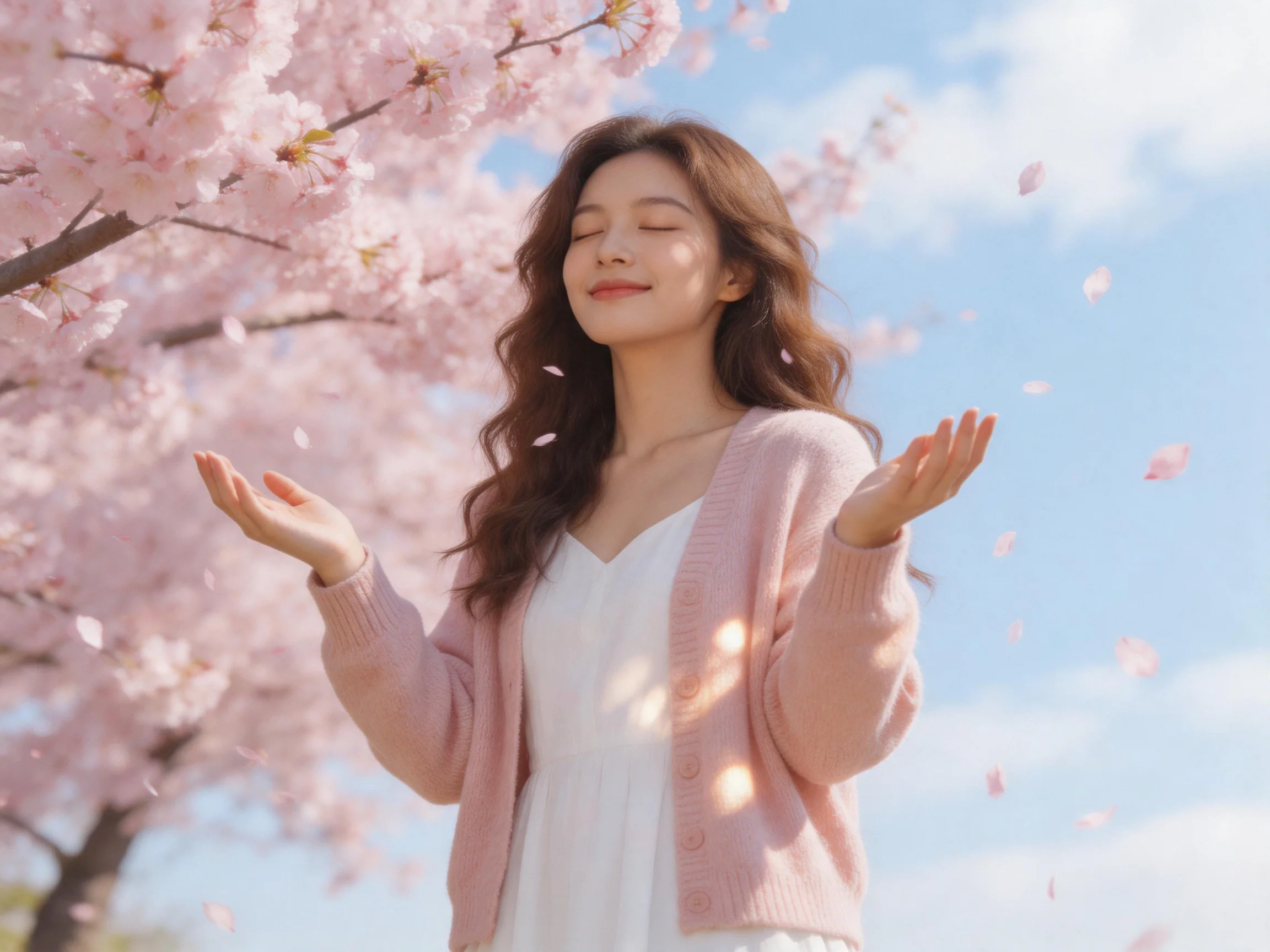 A woman in a pink cardigan stands amid cherry blossom blooms under clear blue sky