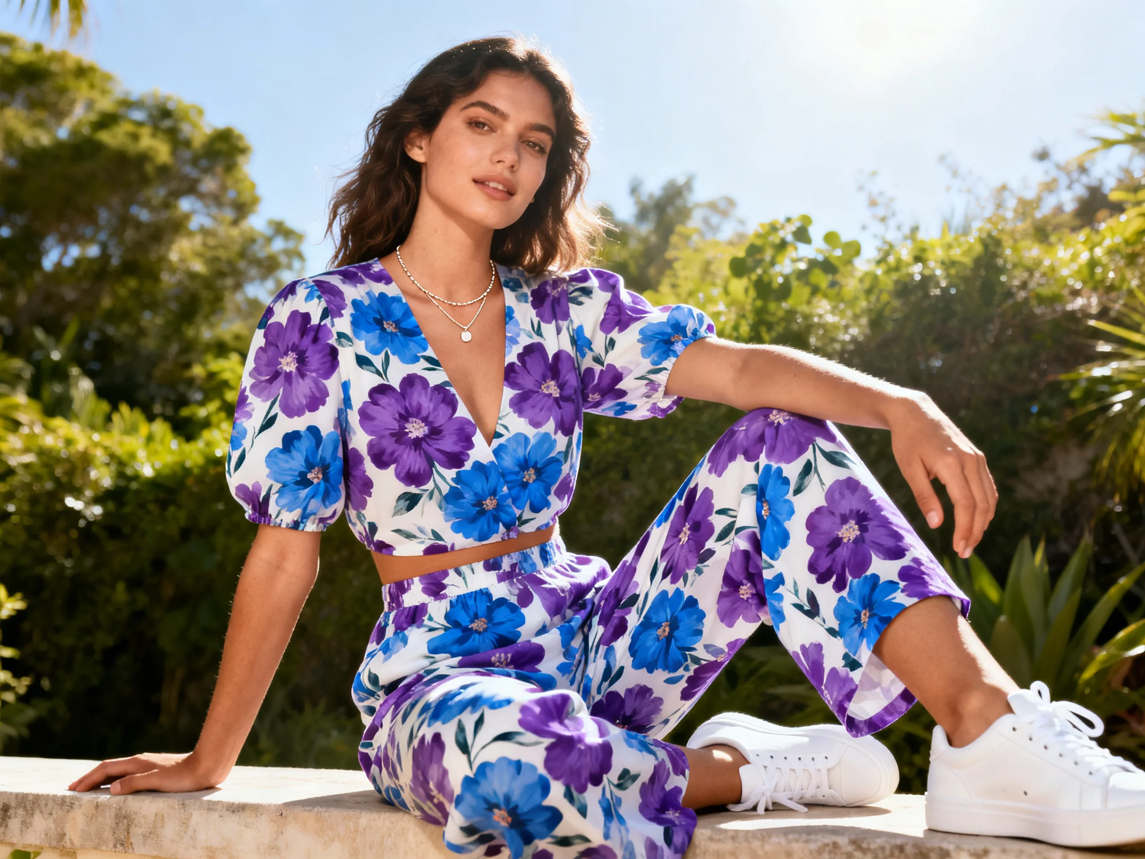 A woman in a purple and blue floral two-piece sits outdoors near greenery