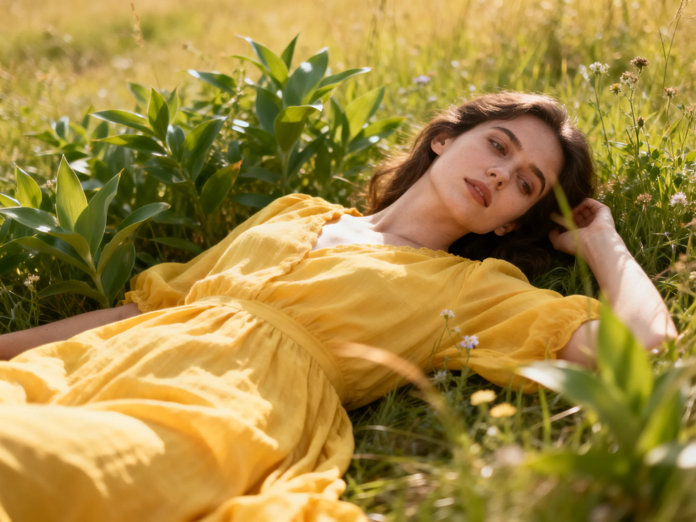 A woman in a sunny yellow dress reclines amid lush greenery and wildflowers