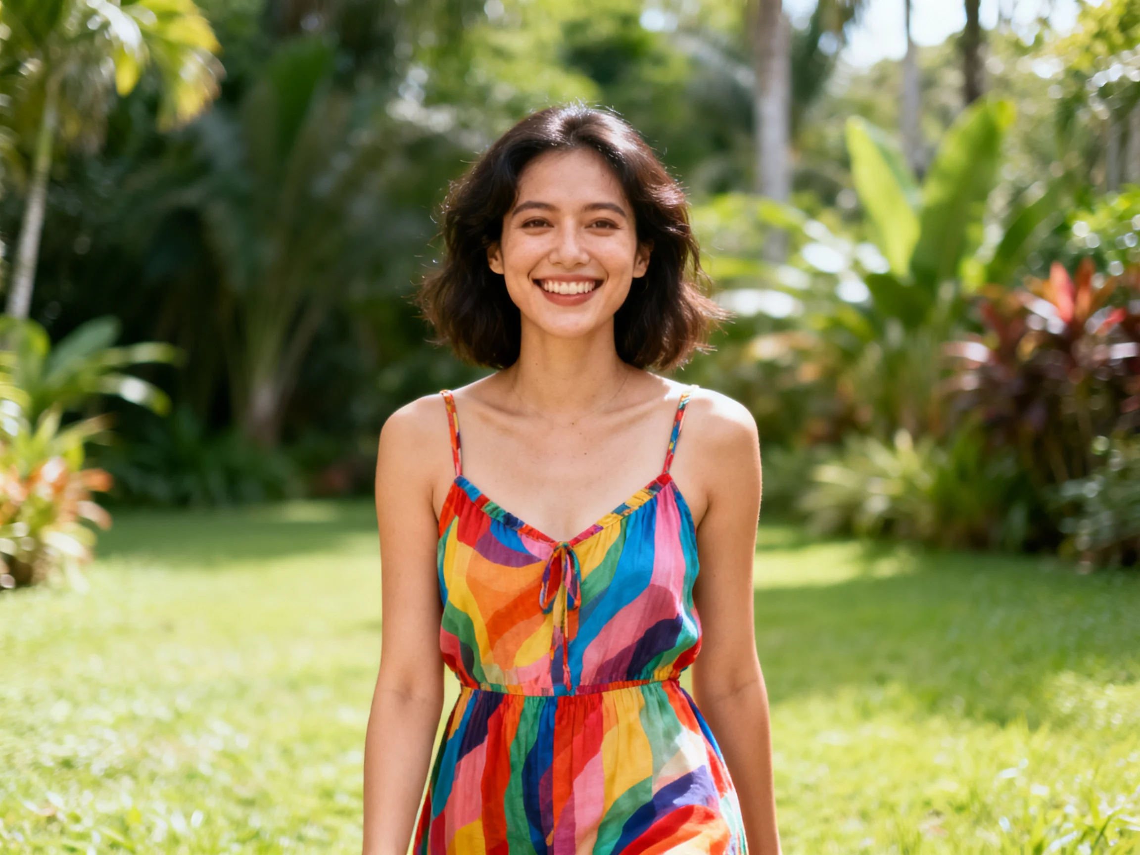 A woman in a vibrant multicolor sundress stands in a lush garden