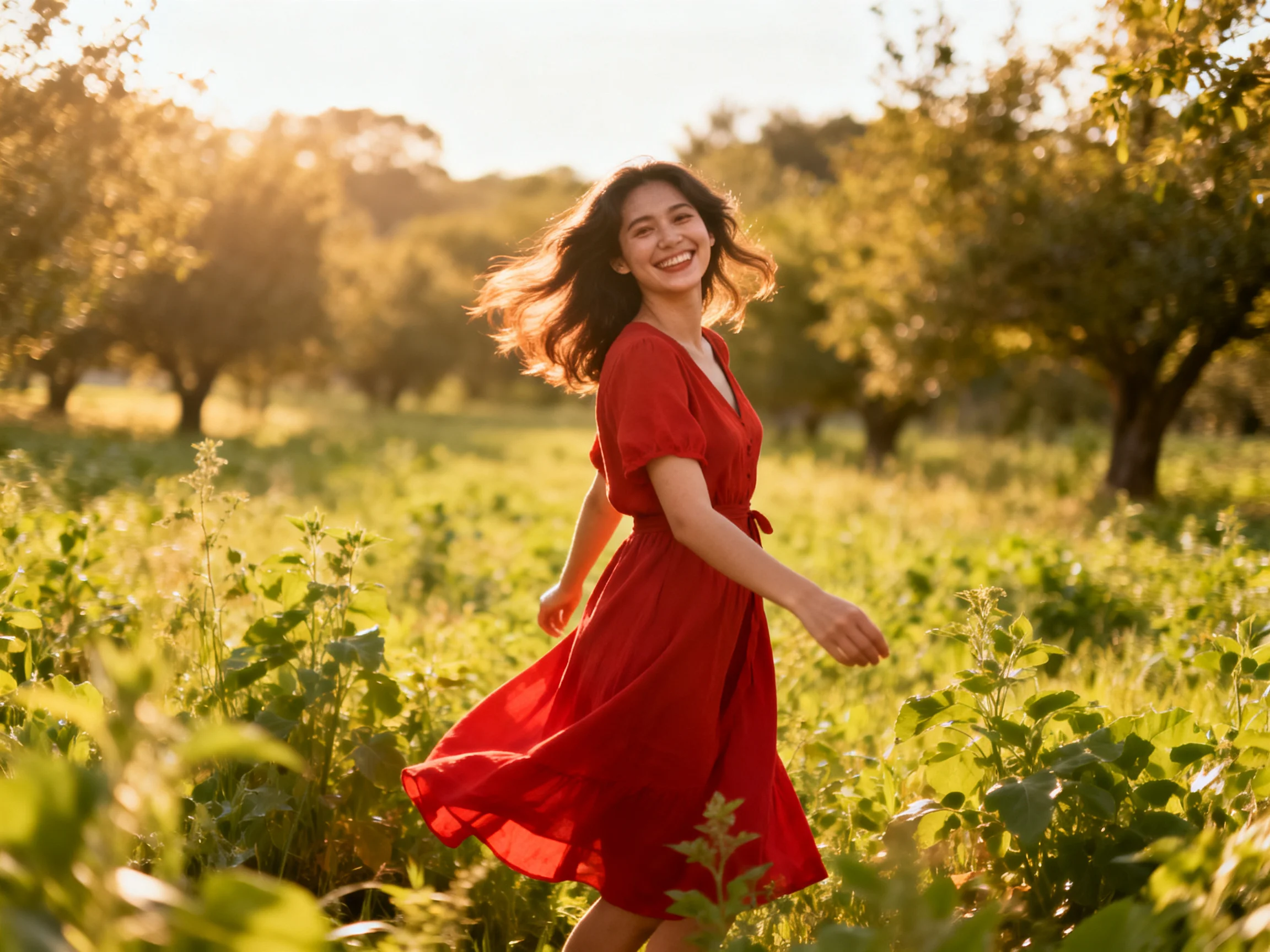 A woman in a vibrant red dress walking through a sunlit green meadow
