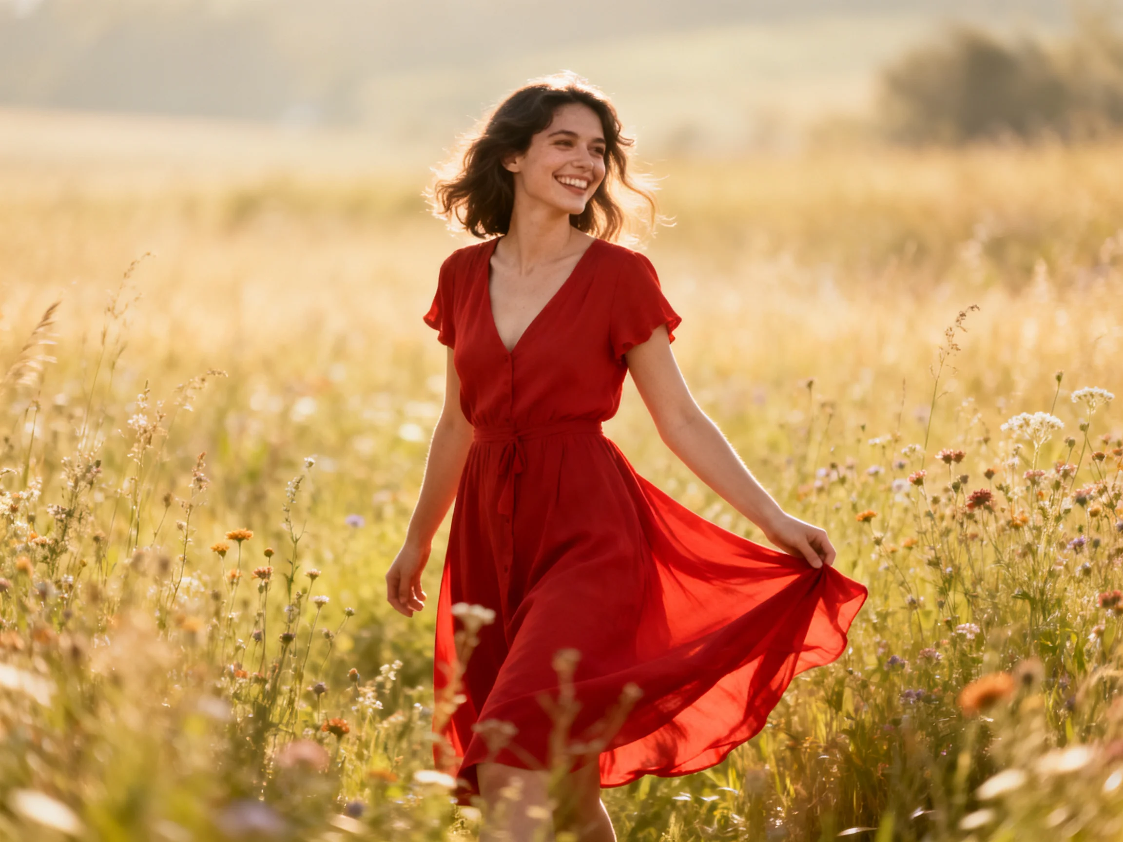 A woman in a vibrant red dress walking through a sunlit wildflower meadow