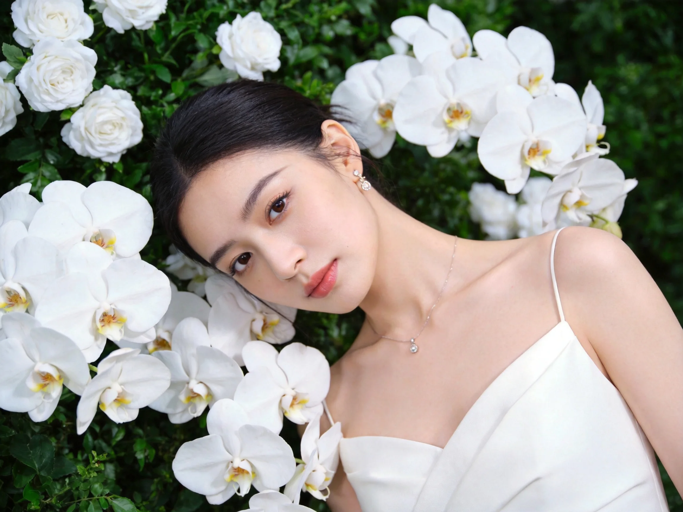A woman in a white dress amid numerous white orchids and roses