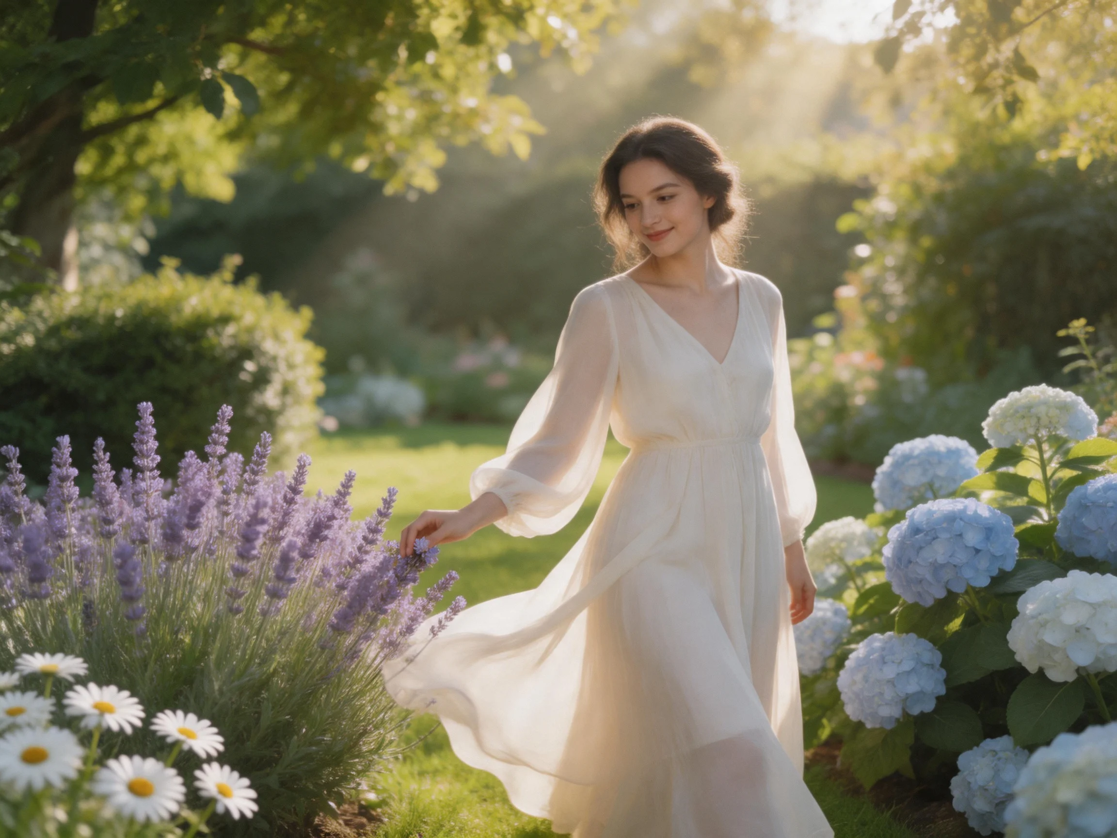 A woman in a white dress explores a sunlit garden with lavender and hydrangeas