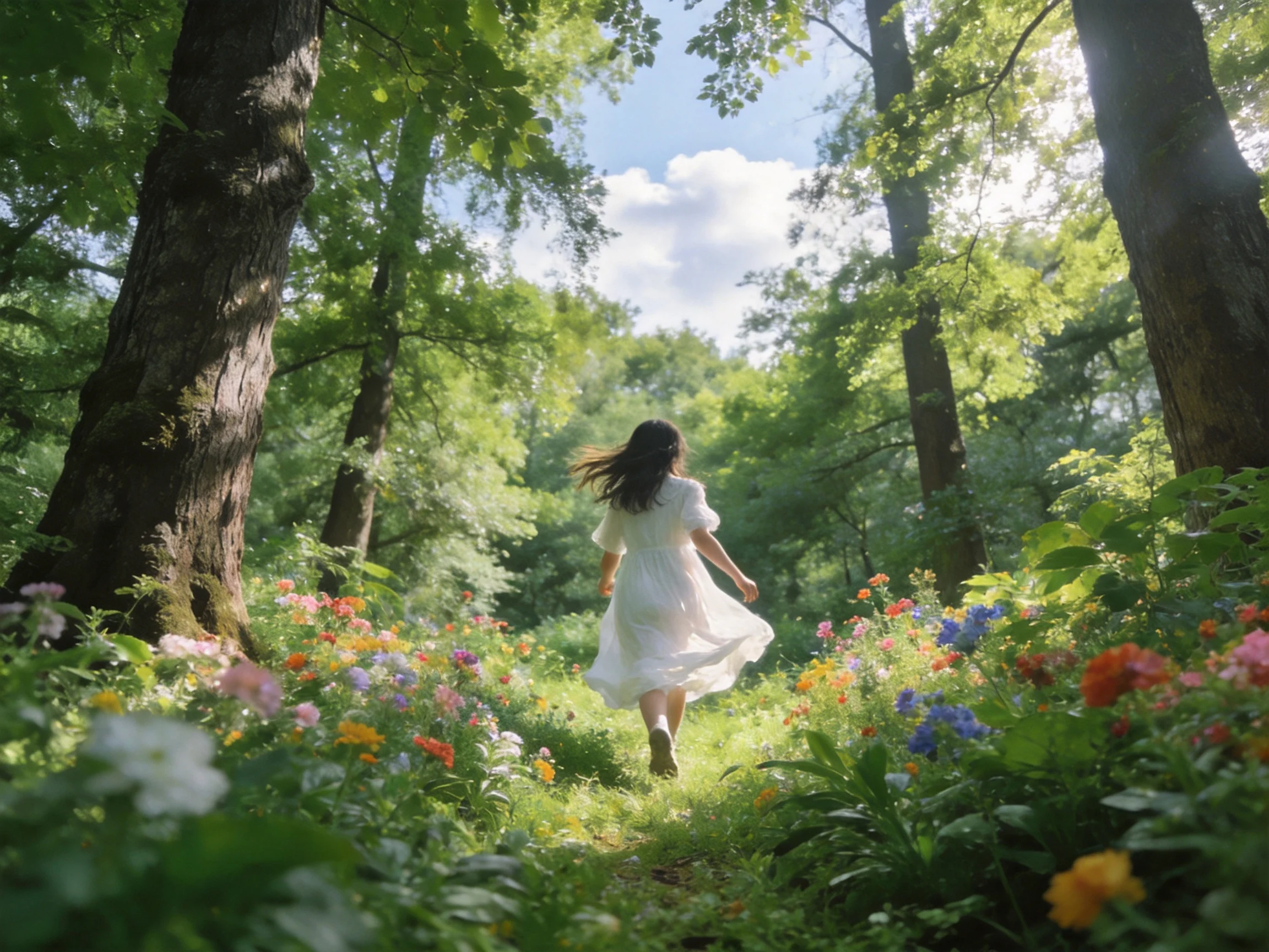 A woman in a white dress runs through a colorful flower-filled forest path