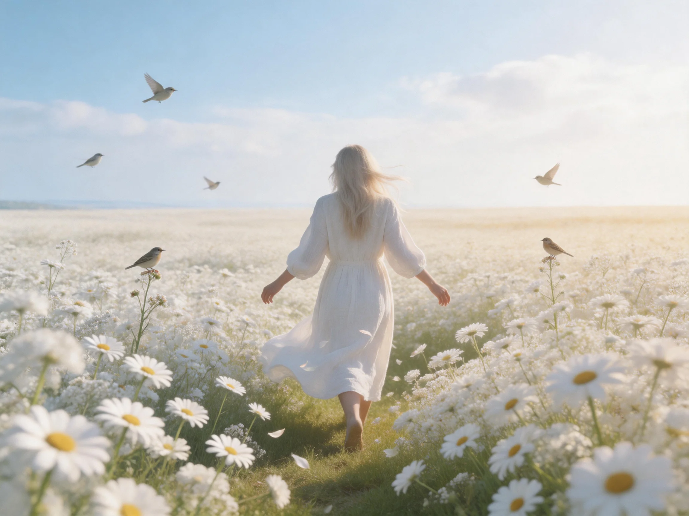 A woman in a white dress runs through a vast daisy field with birds