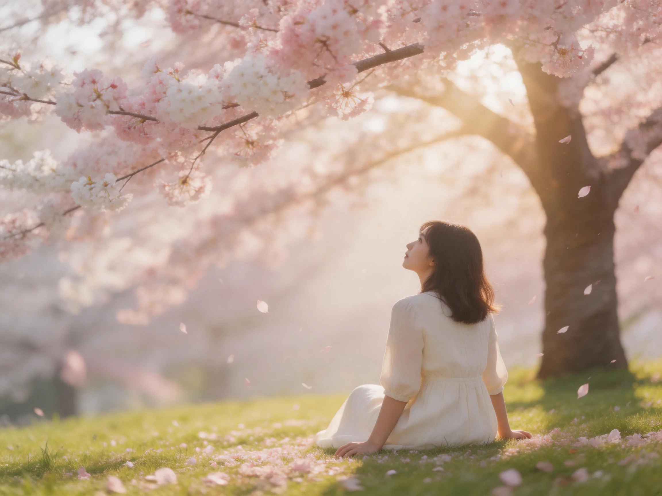 A woman in a white dress sits beneath blooming pink cherry blossom trees