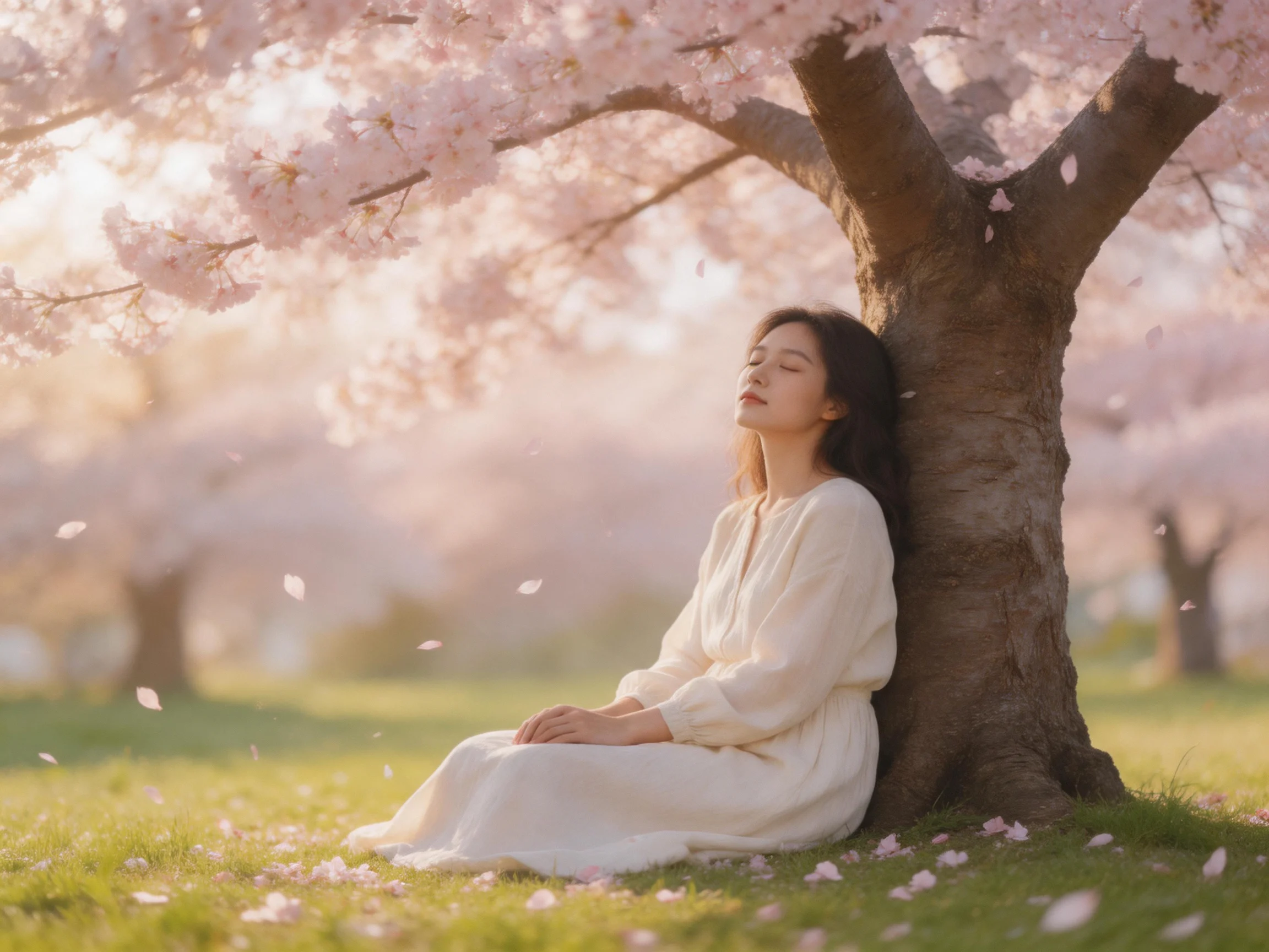 A woman in a white dress under a cherry blossom tree