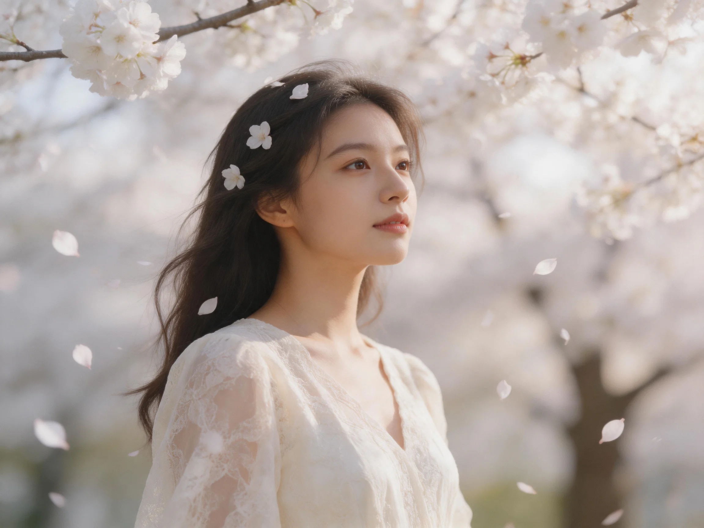A woman in a white lace dress amid falling cherry blossom petals