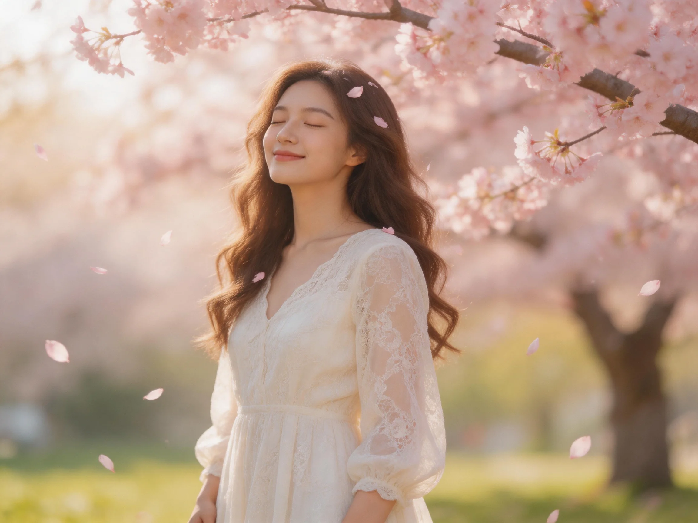 A woman in a white lace dress amid falling cherry blossoms