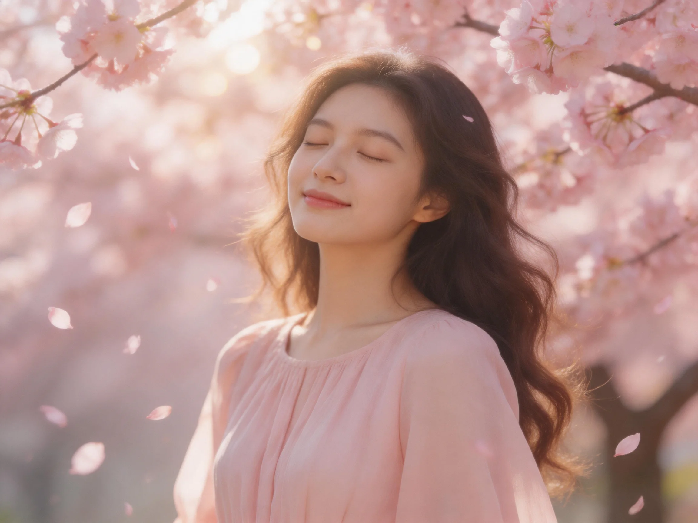 A woman in pink near blooming cherry blossoms