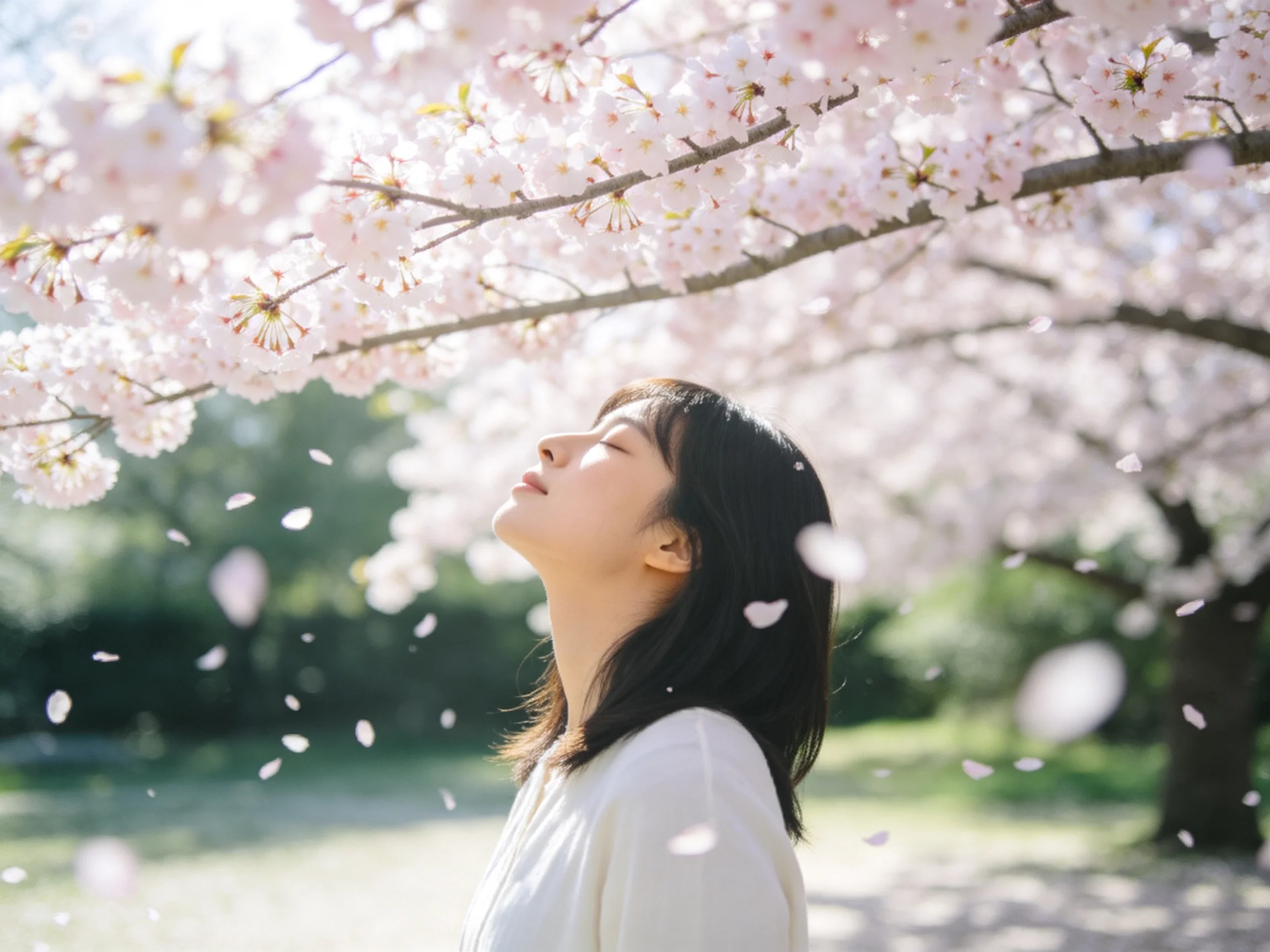 A woman in white beneath blooming pink cherry blossom trees