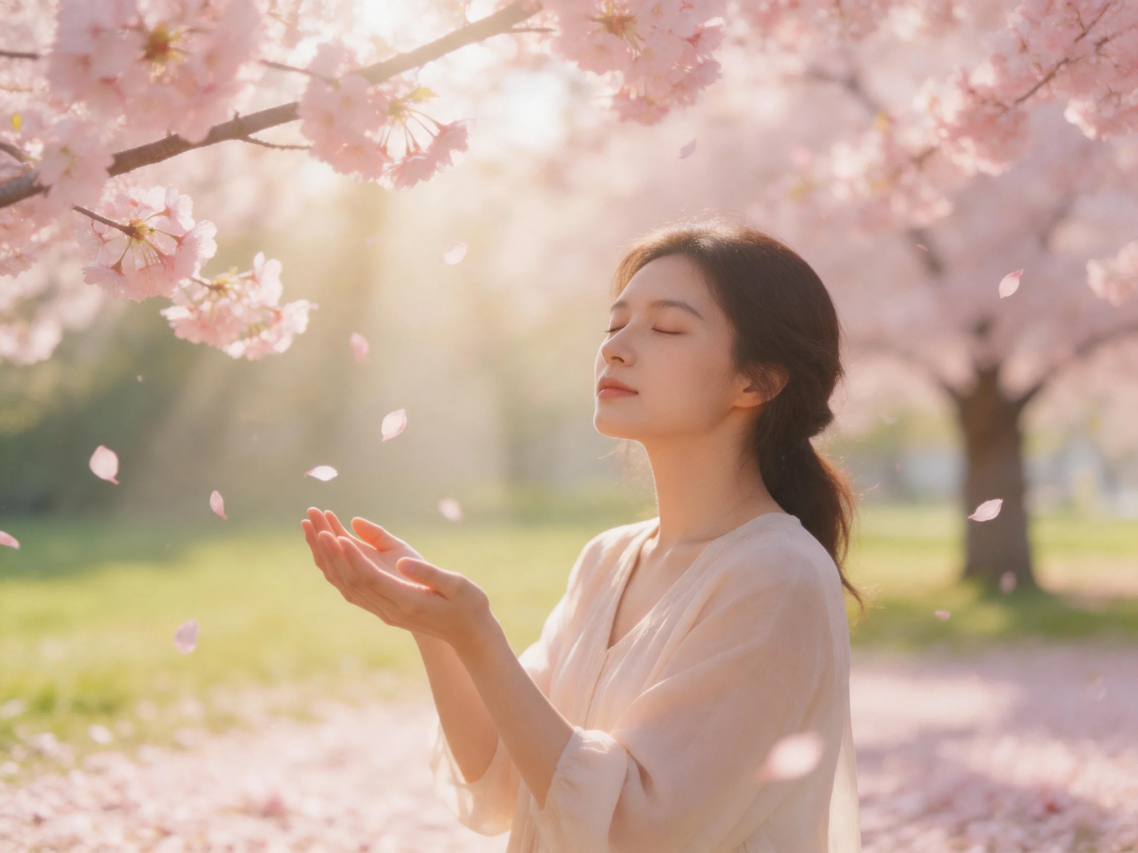 A woman in white beneath blooming pink cherry blossom trees