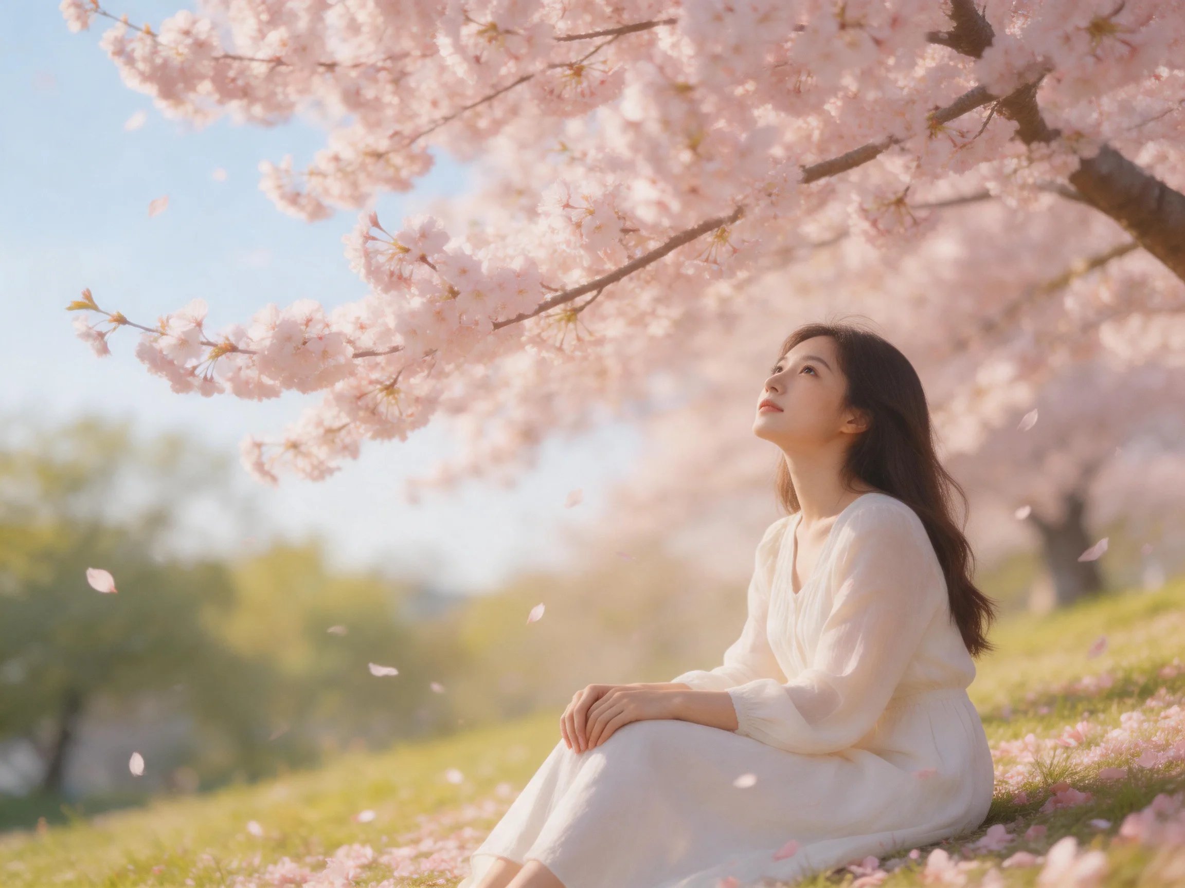 A woman in white sits amid cherry blossoms under pink blooms
