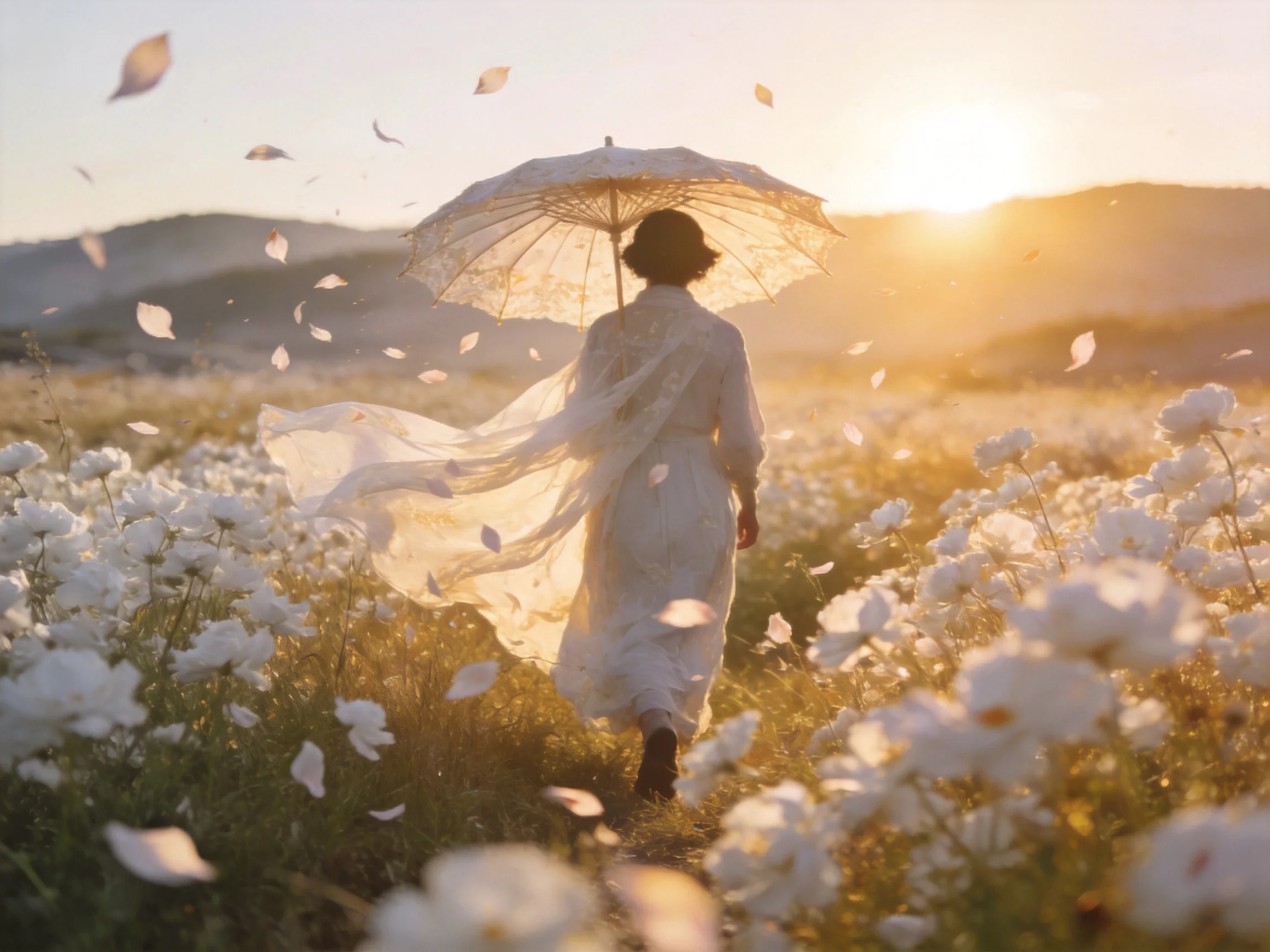 A woman in white walks through a vast field of white flowers under golden sunset light