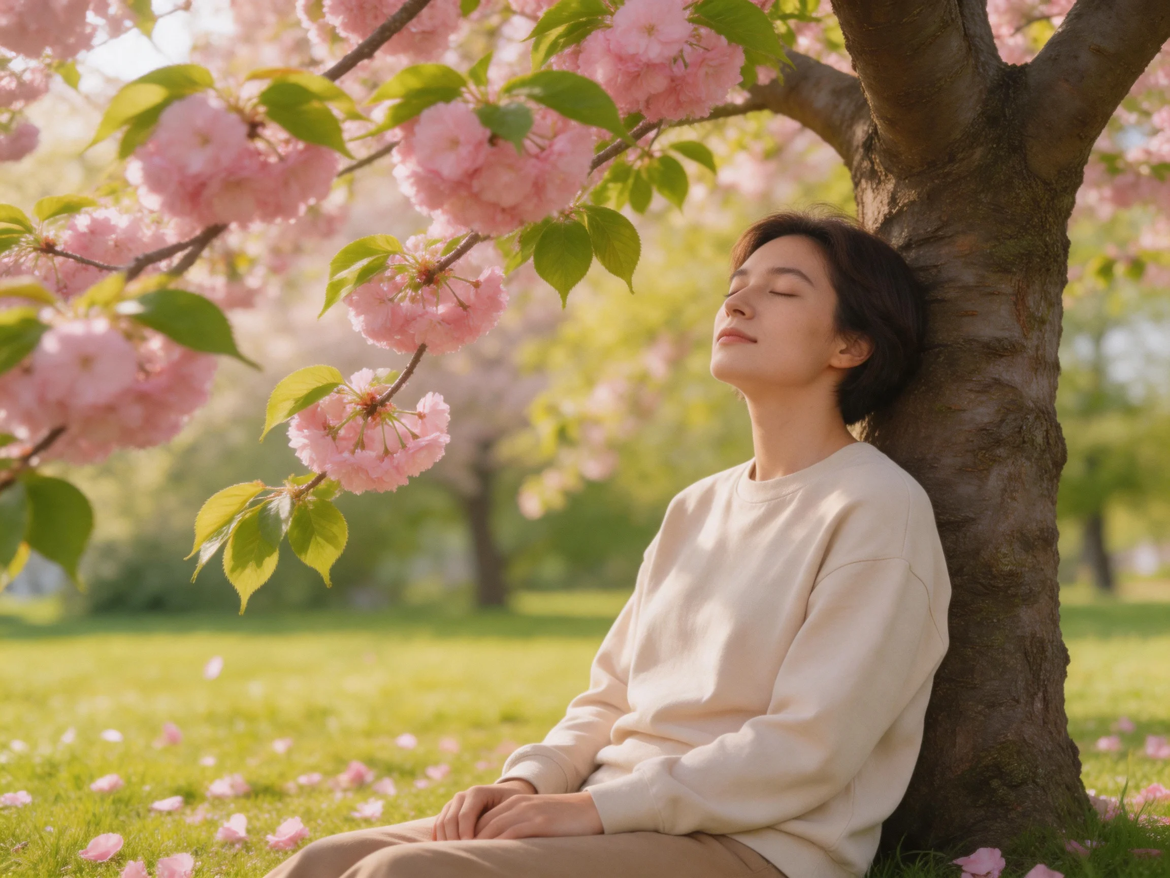 A woman leaning against a tree with pink cherry blossoms