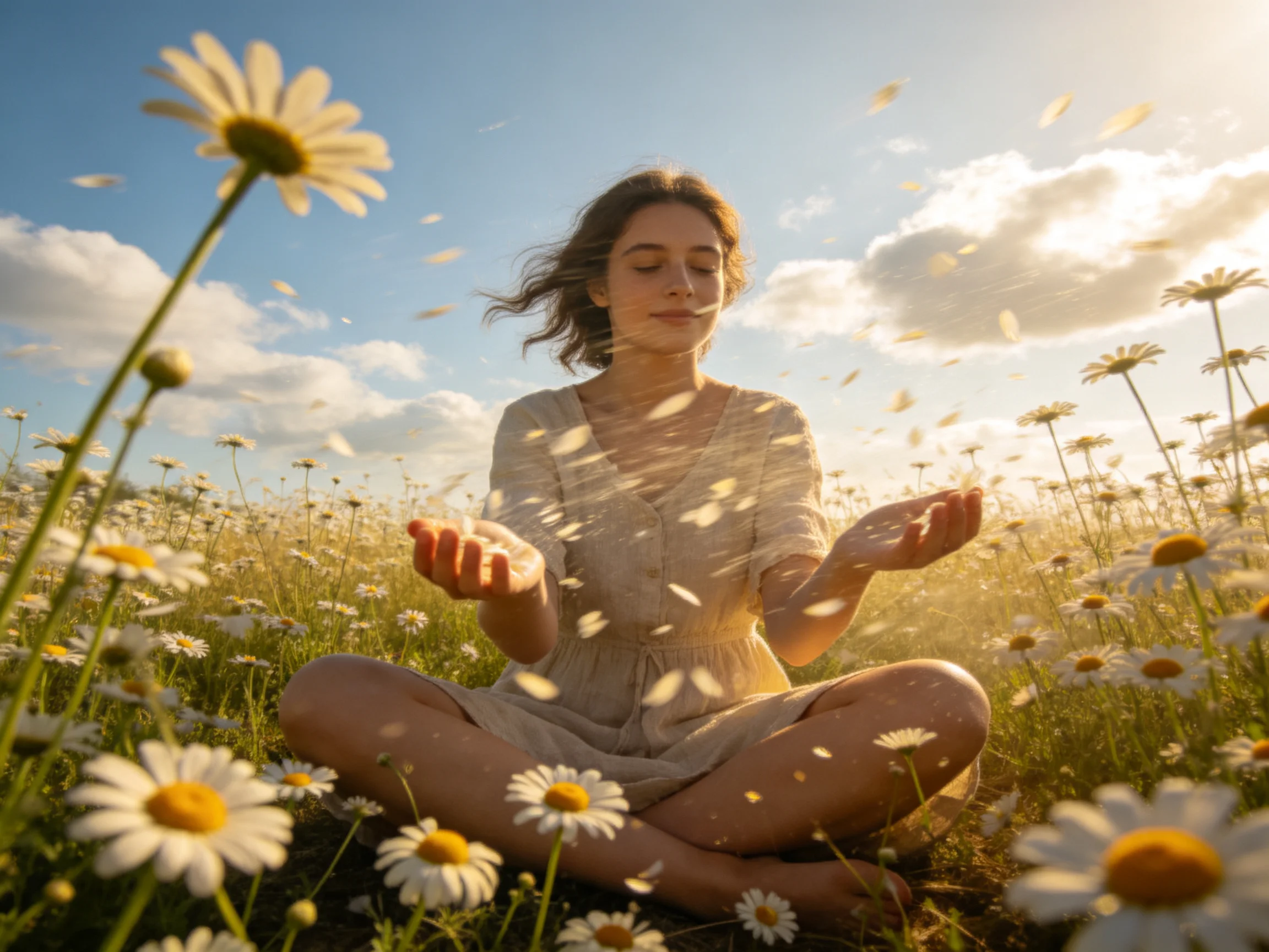 A woman meditates in a sunlit meadow filled with white daisies