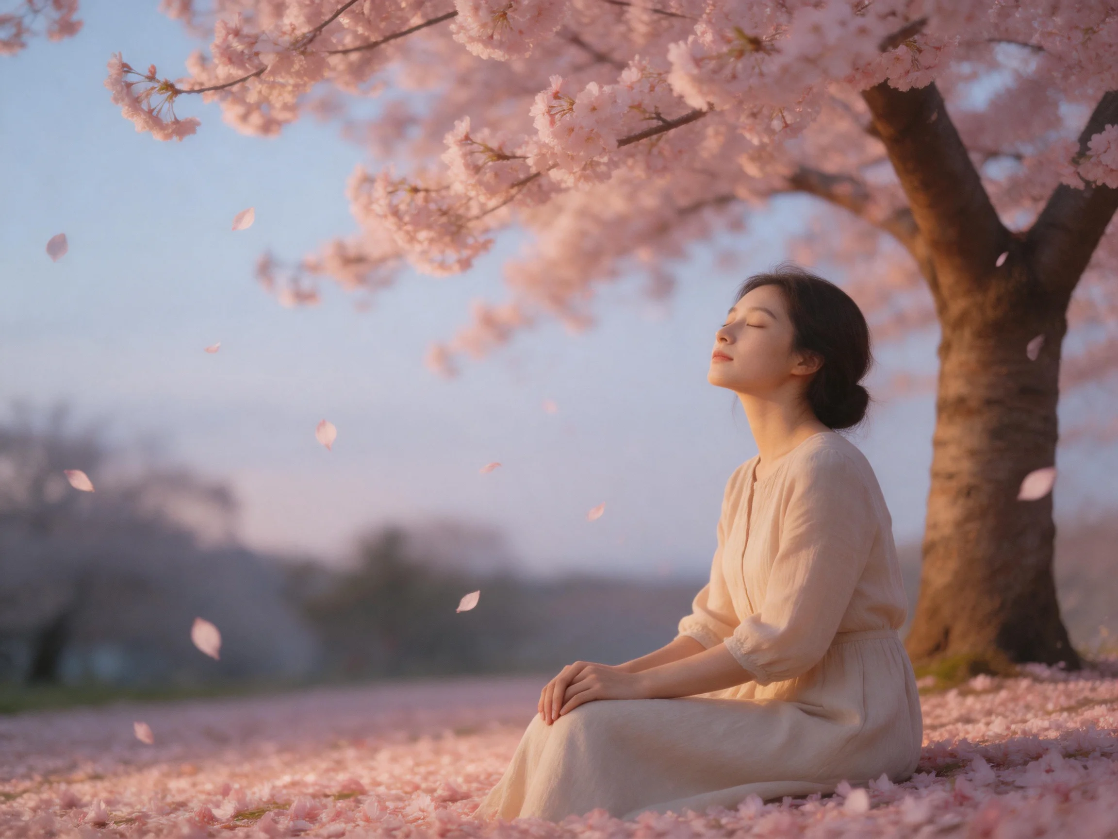 A woman meditating amid falling cherry blossom petals under a blooming tree