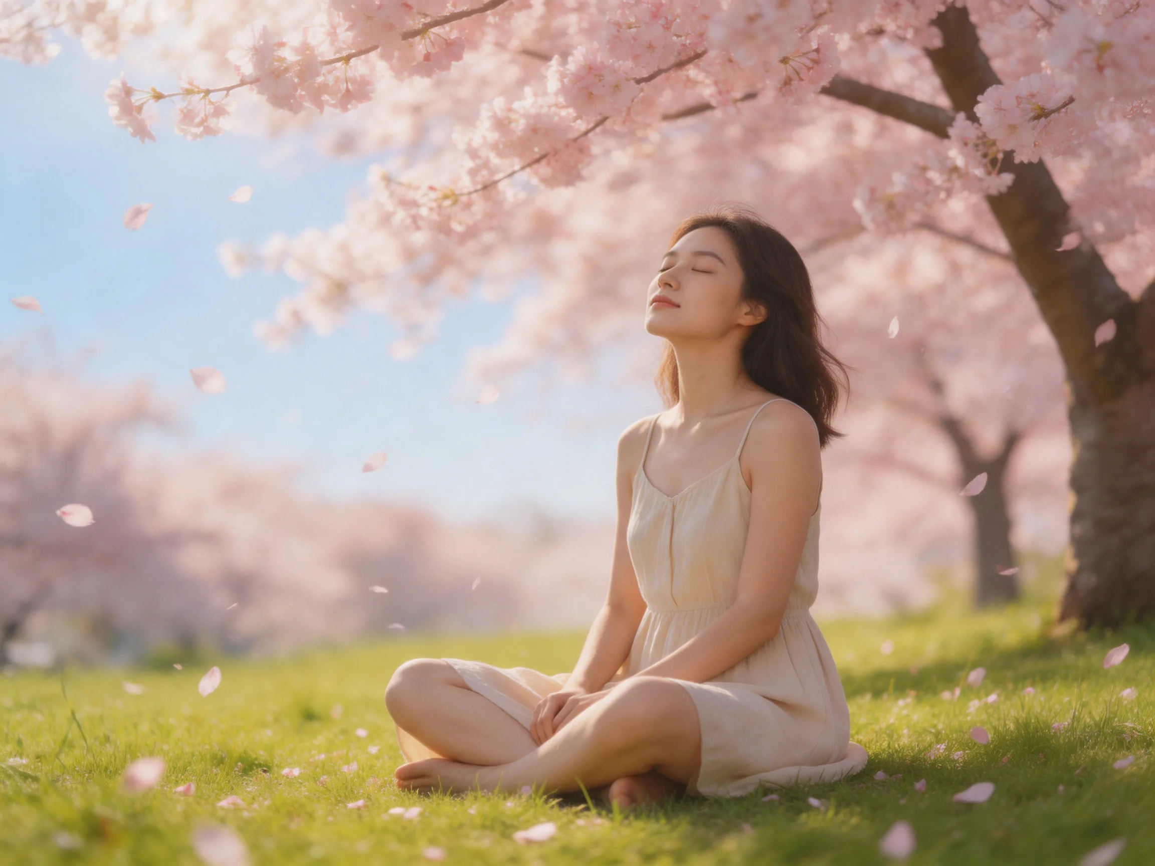 A woman meditating among blooming cherry blossom trees with falling petals