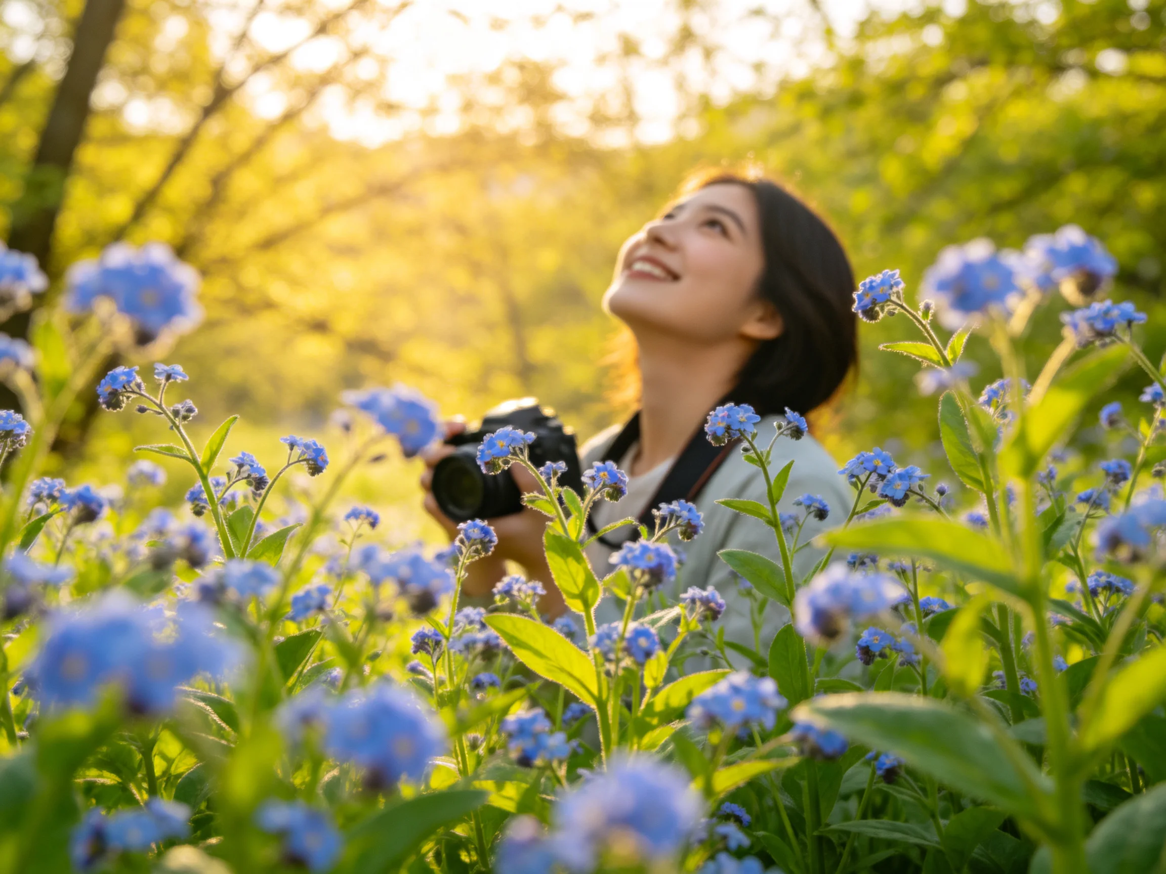 A woman photographing vibrant blue flowers in a sun-drenched forest