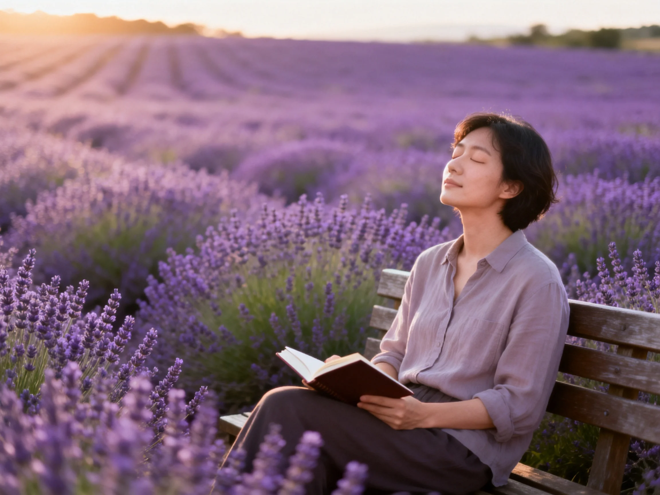 A woman reading on a wooden bench in a sprawling lavender field at sunset
