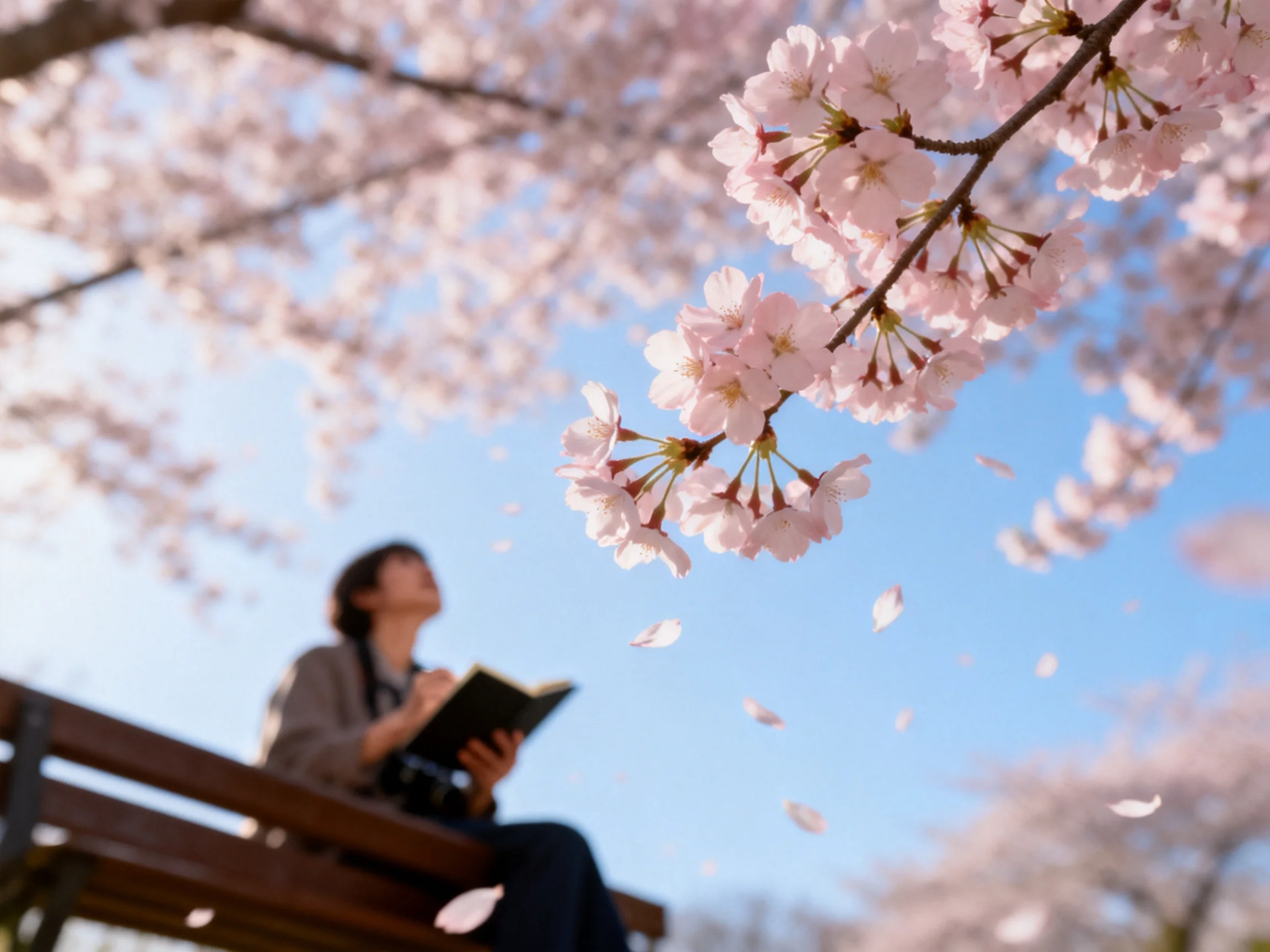 A woman reads beneath blooming pink cherry blossom trees