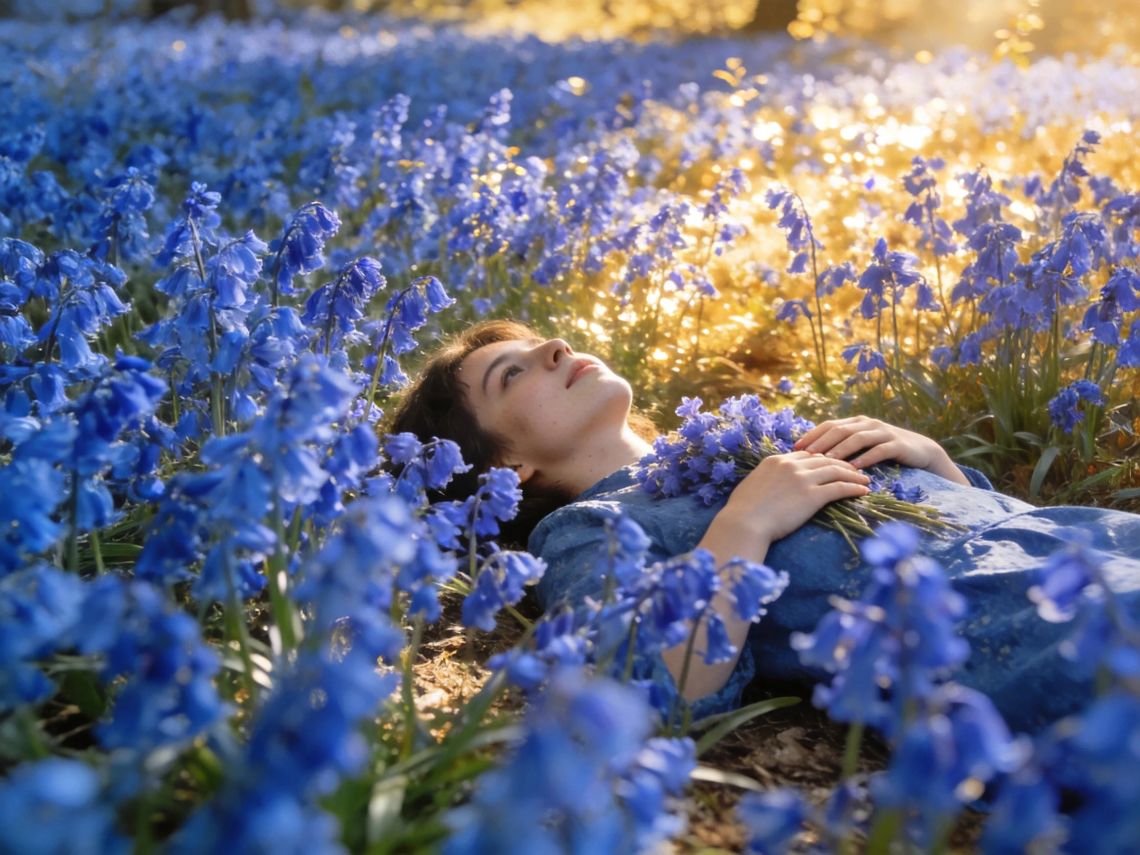A woman reclines amid vibrant bluebells under golden sunlight