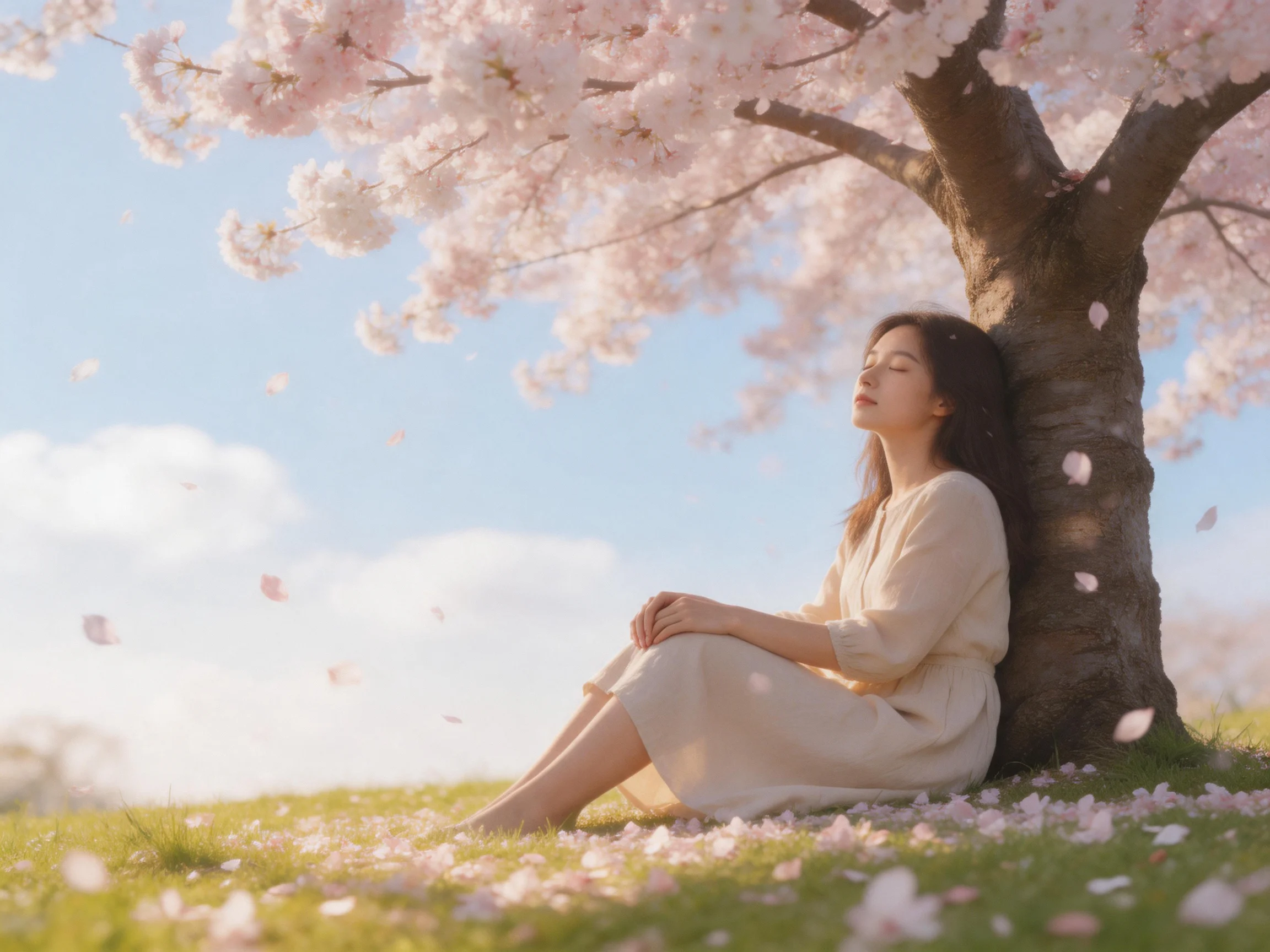 A woman rests beneath a cherry blossom tree with falling petals