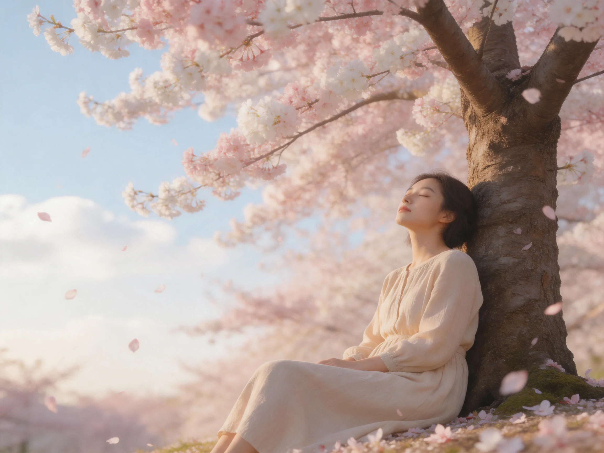 A woman rests beside a large cherry blossom tree with pink blooms