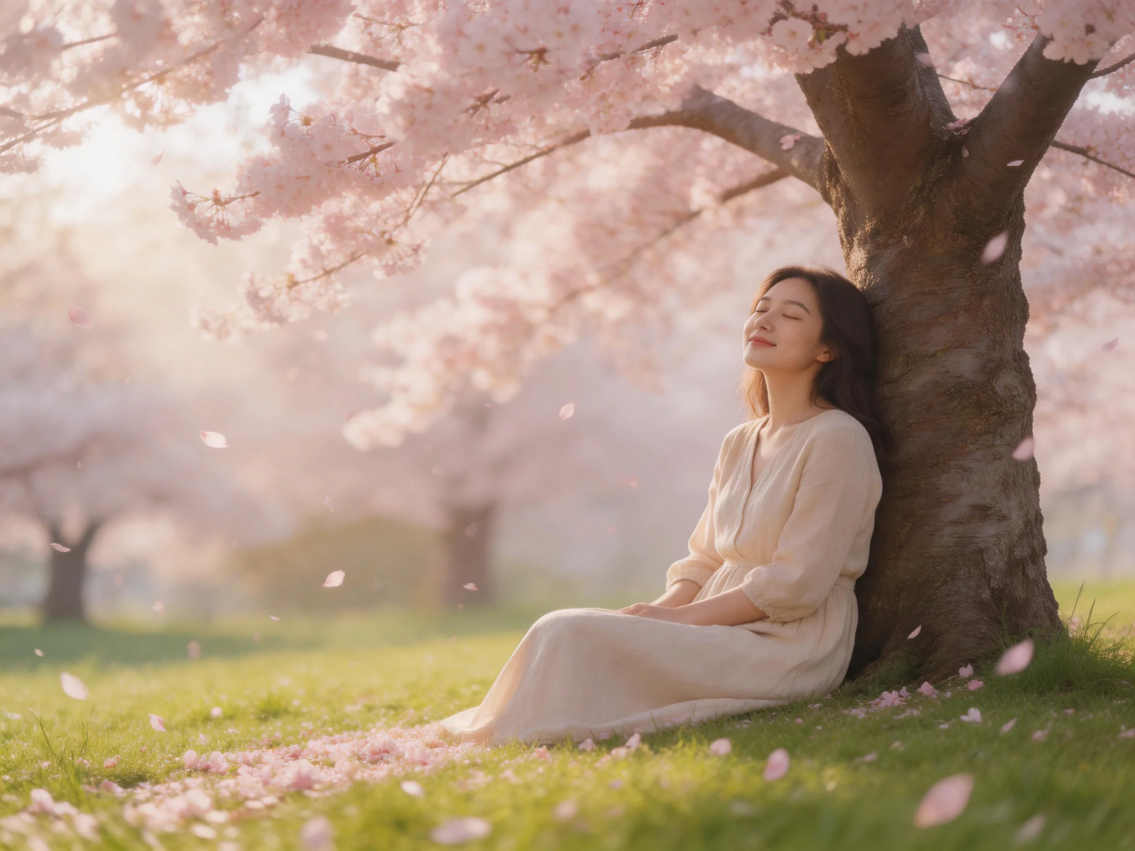 A woman rests near a cherry blossom tree with falling petals