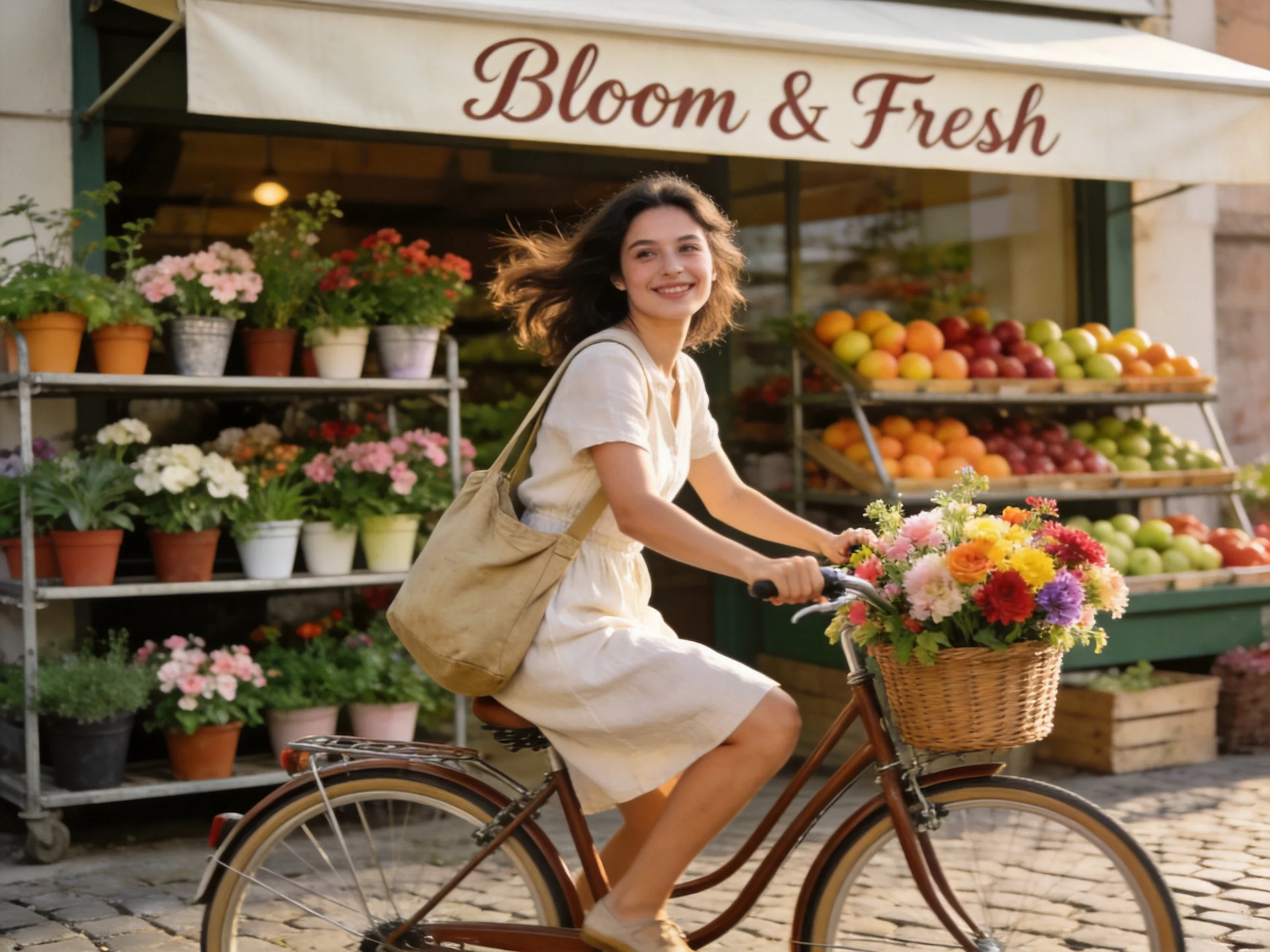 A woman rides a vintage bicycle past a vibrant flower and fruit shop