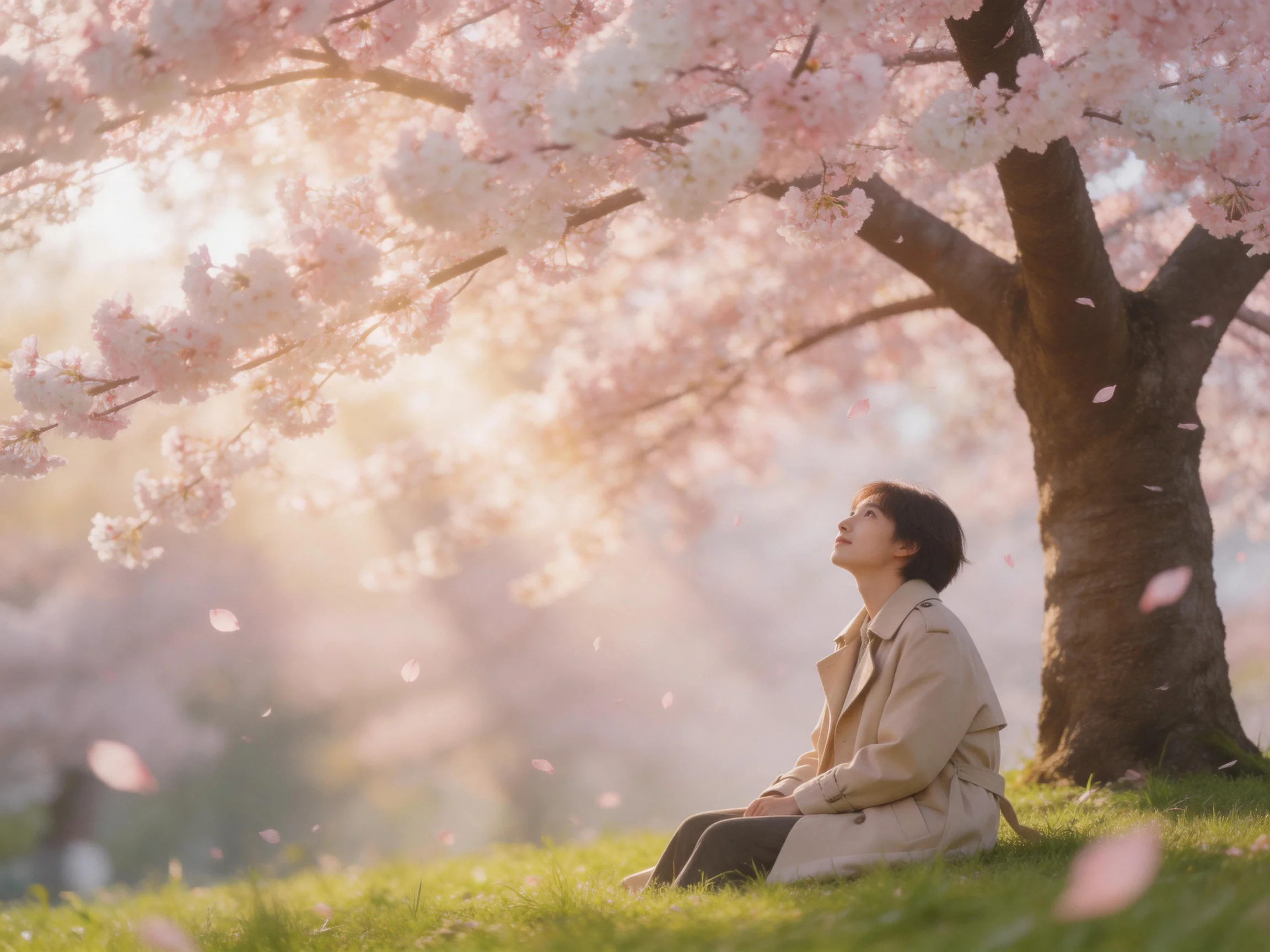 A woman sits beneath a blooming cherry blossom tree with falling petals