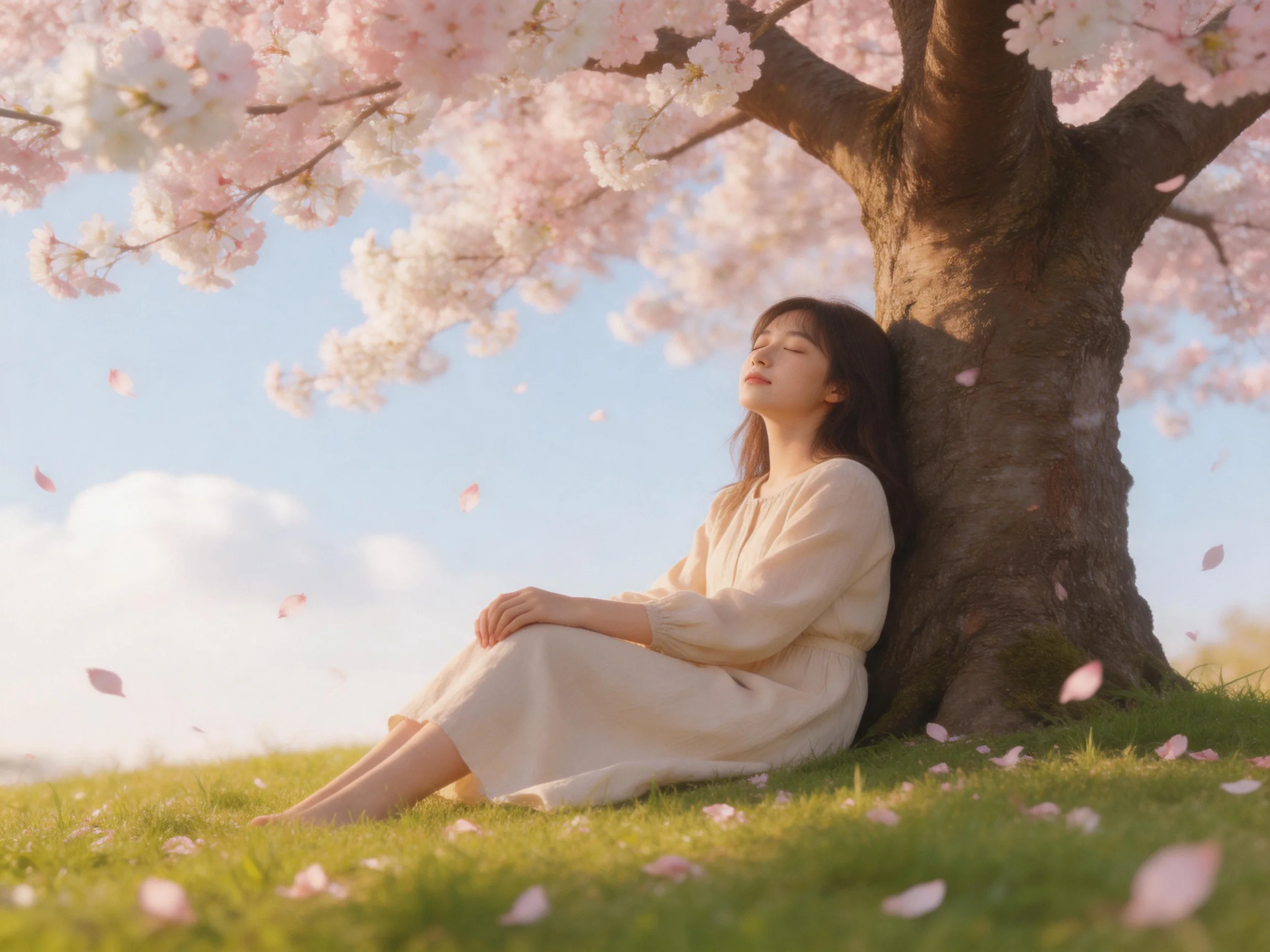 A woman sits beneath a blooming cherry blossom tree with falling pink petals