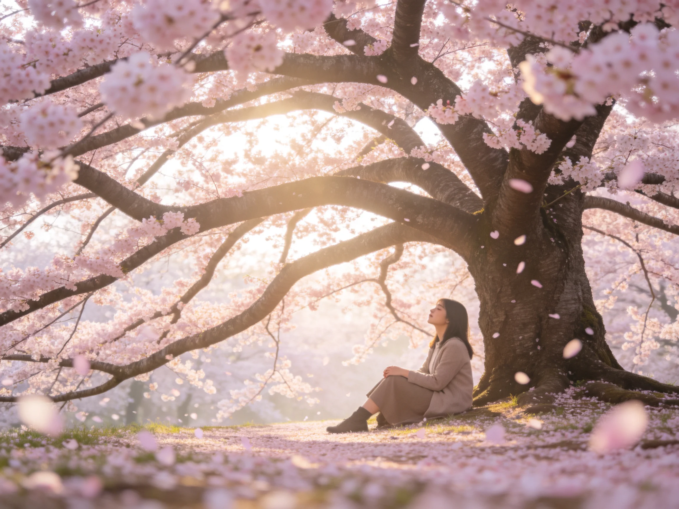 A woman sits beneath a sprawling cherry blossom tree with falling petals