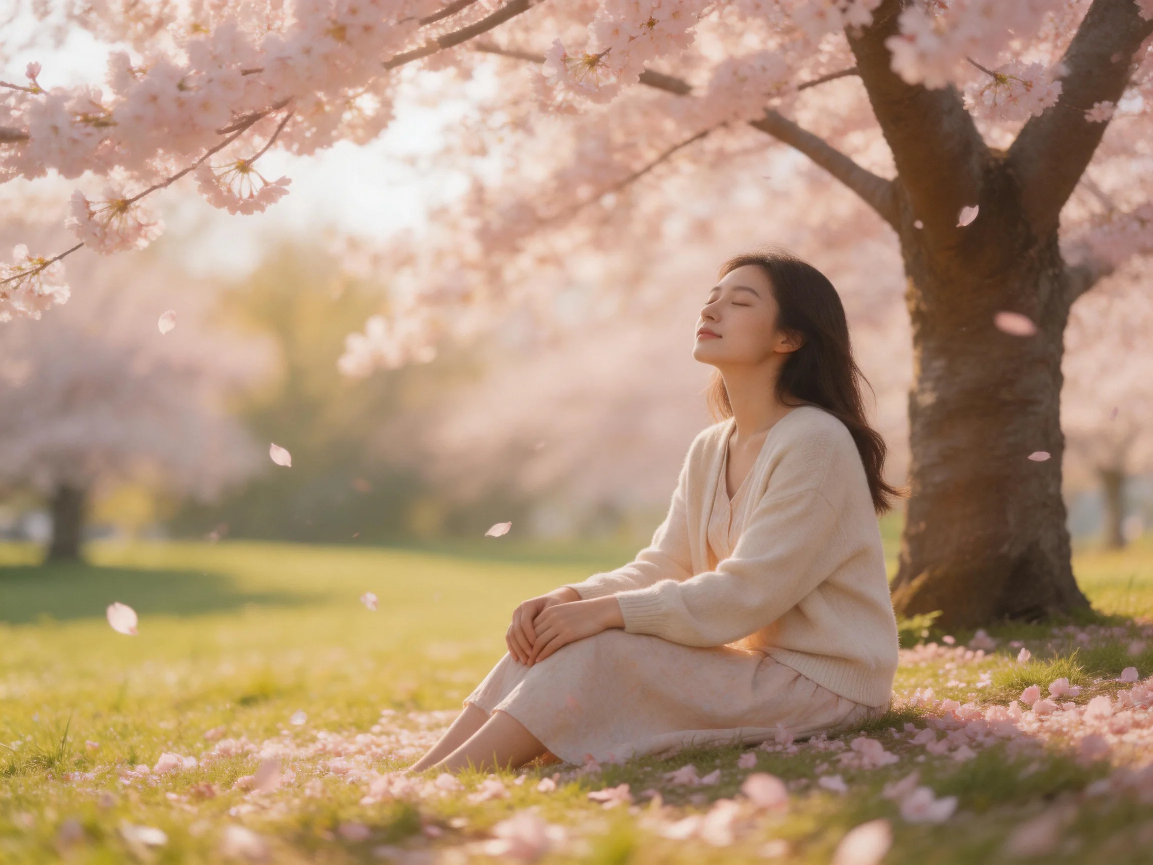 A woman sits beneath blooming cherry blossom trees with falling petals