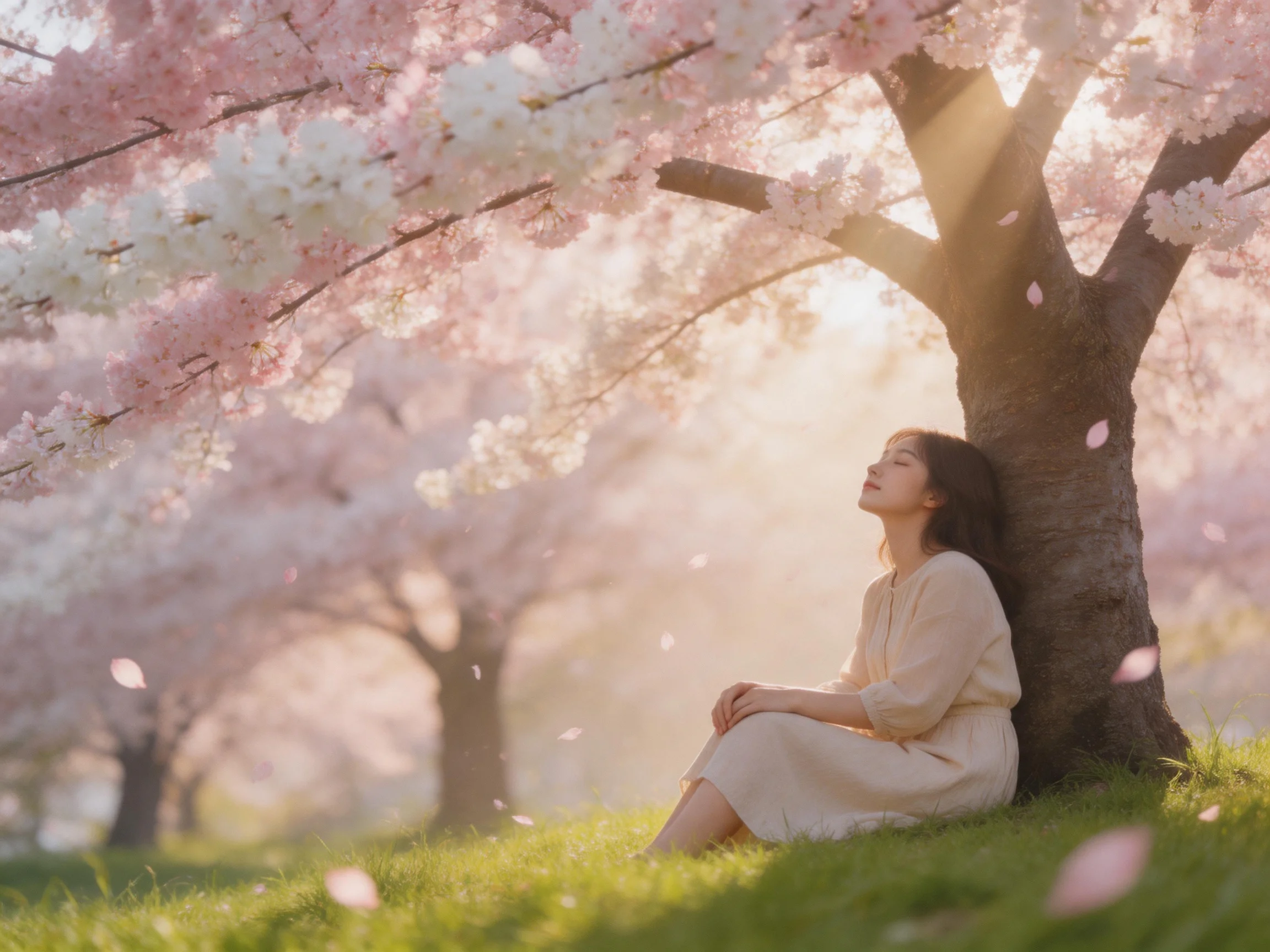 A woman sits beneath blooming cherry blossom trees with pink and white petals