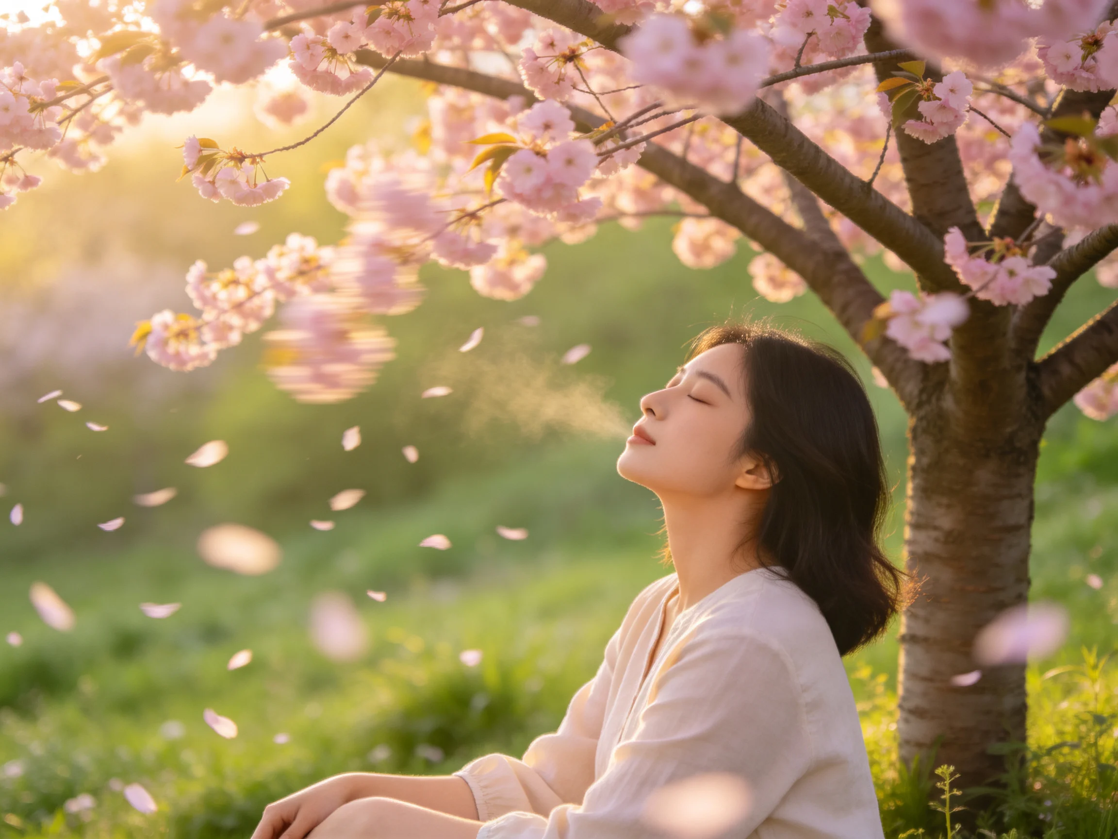 A woman sits beneath blooming pink cherry blossom trees in golden sunlight