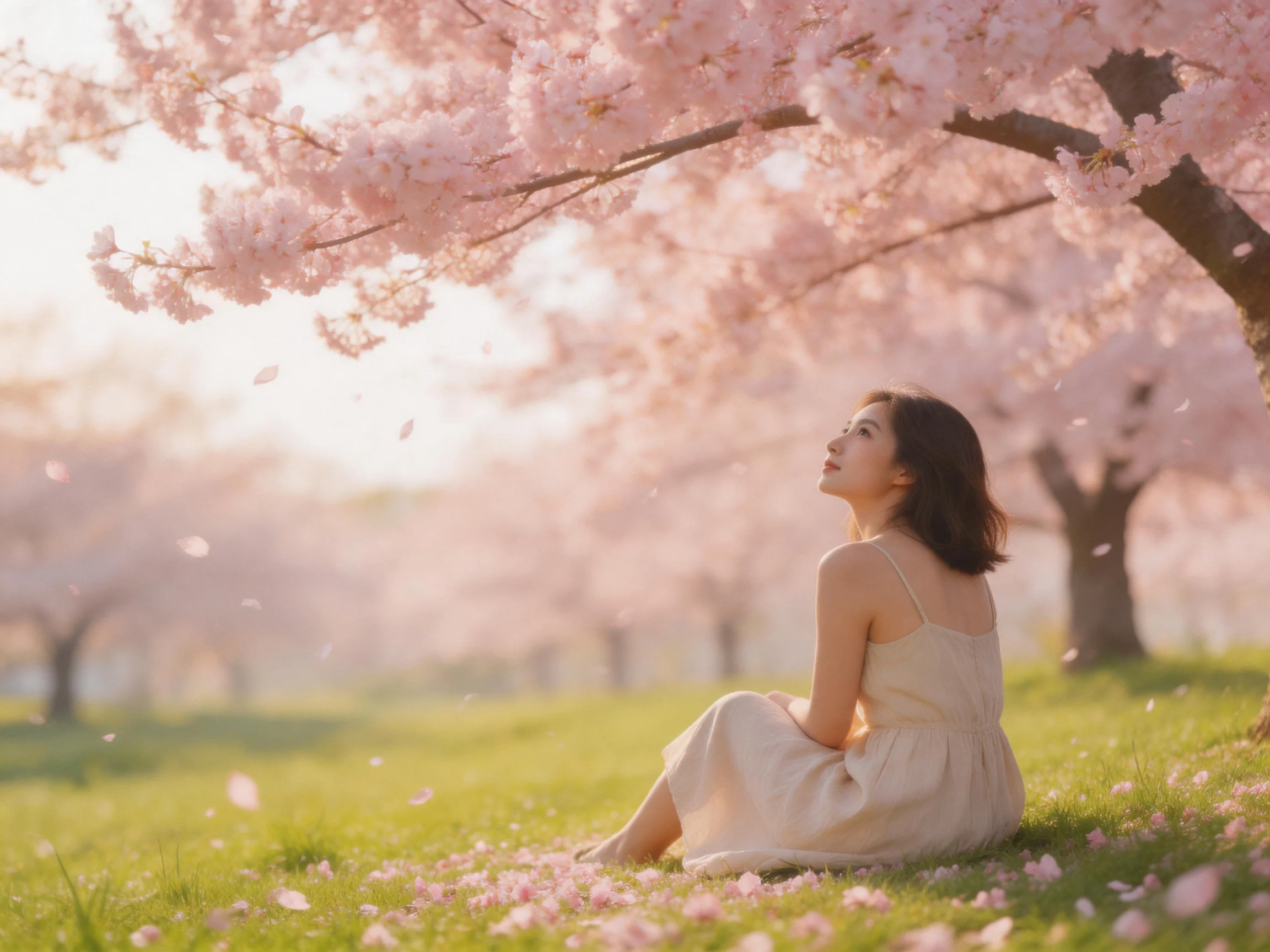 A woman sits beneath blooming pink cherry blossom trees on a grassy field