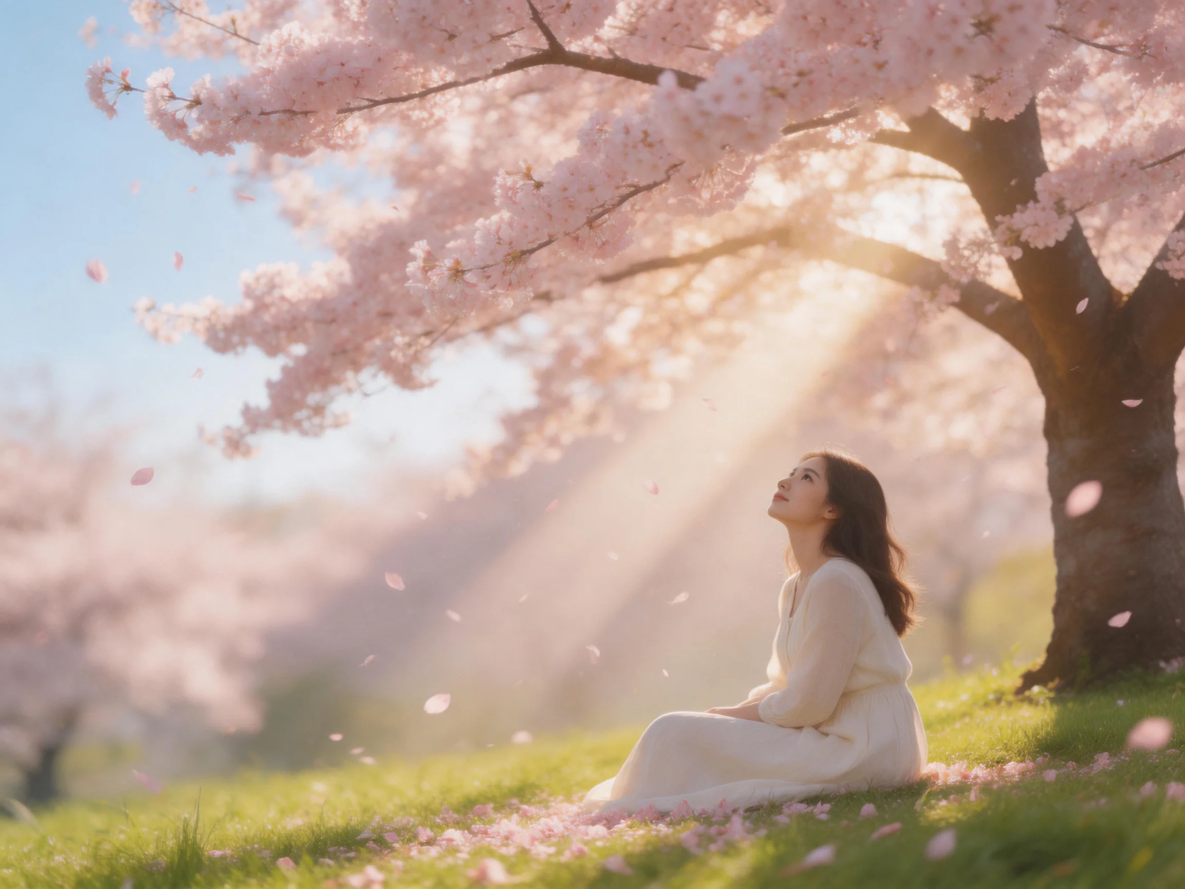 A woman sits beneath cherry blossom trees in golden sunlight