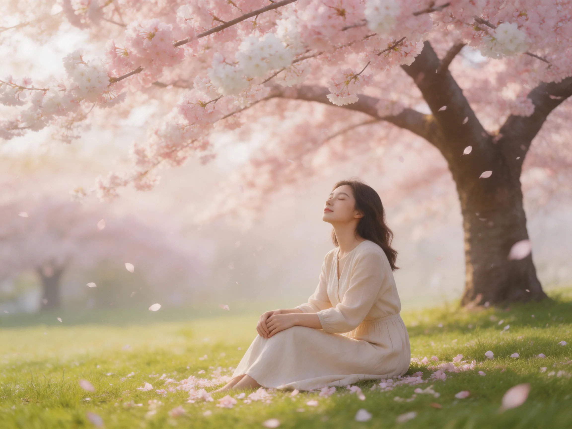A woman sits beneath pink cherry blossom trees on a grassy lawn