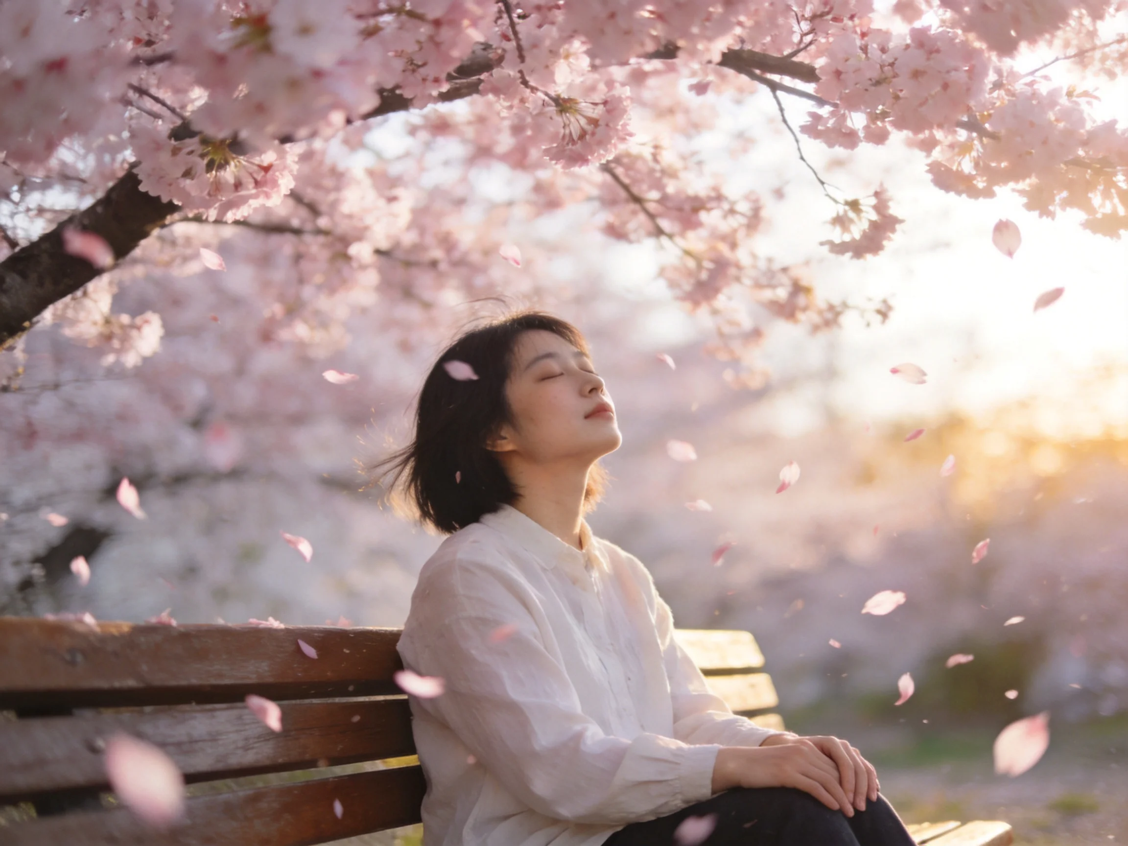 A woman sits on a bench beneath blooming cherry blossom trees with falling petals