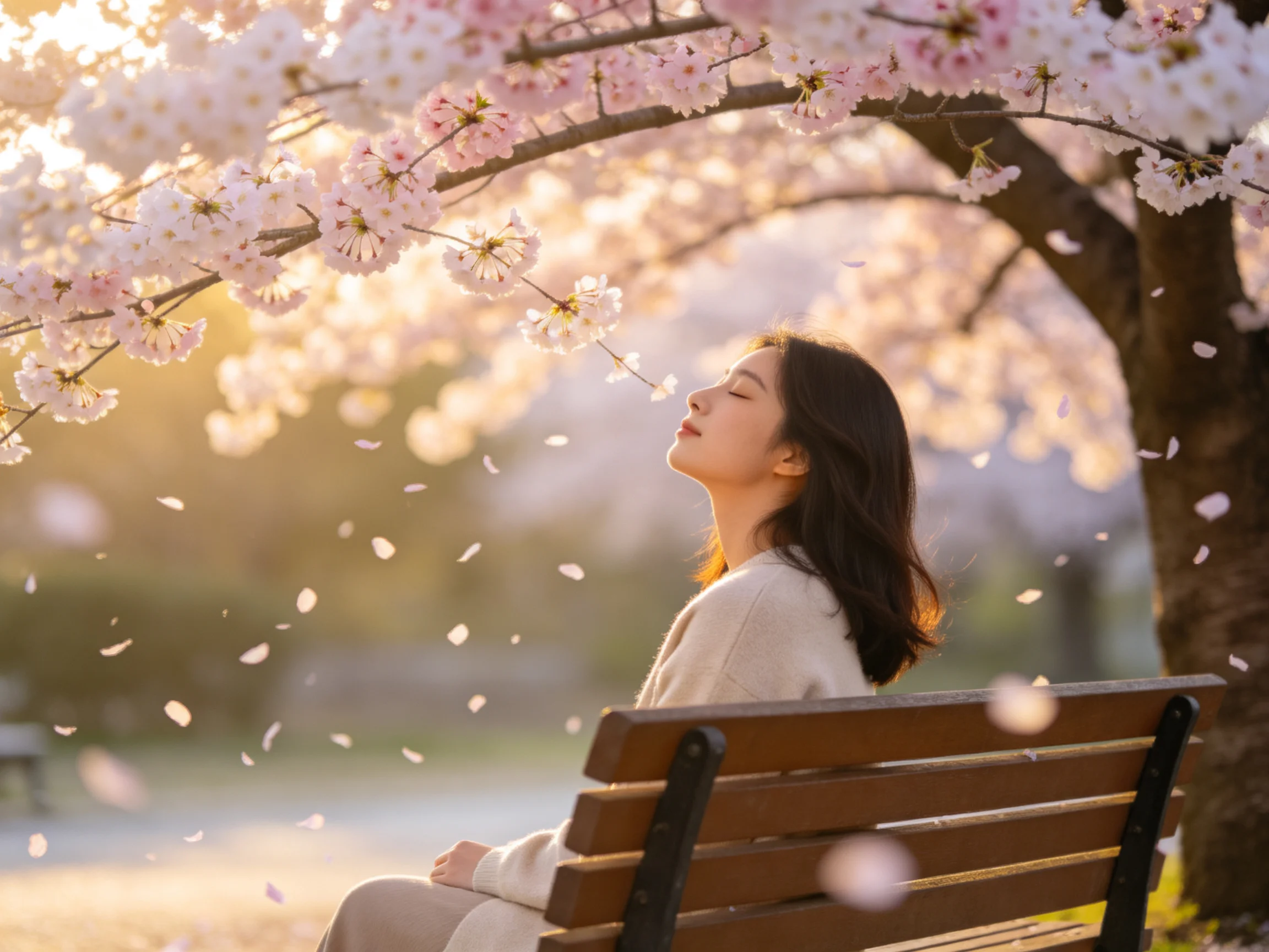 A woman sits on a bench beneath blooming pink cherry blossom trees