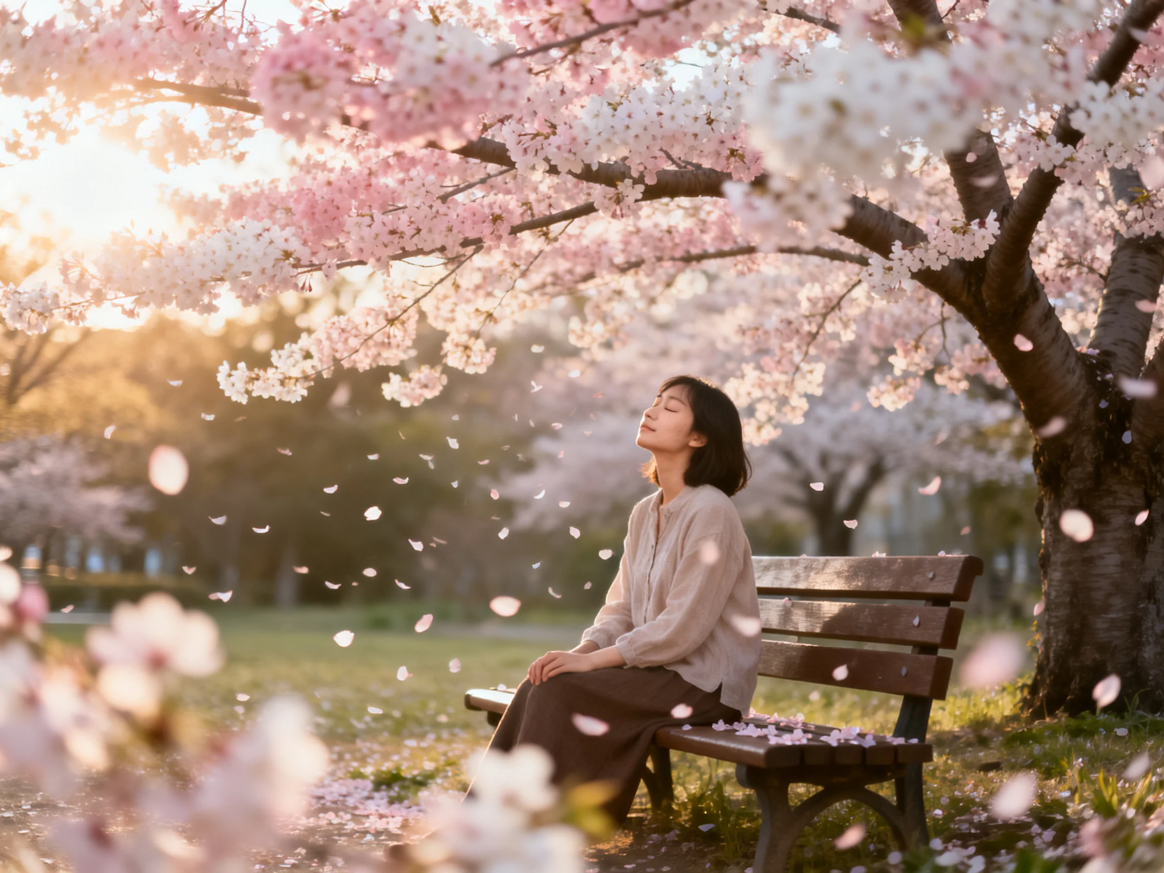 A woman sits on a bench beneath pink and white cherry blossom trees